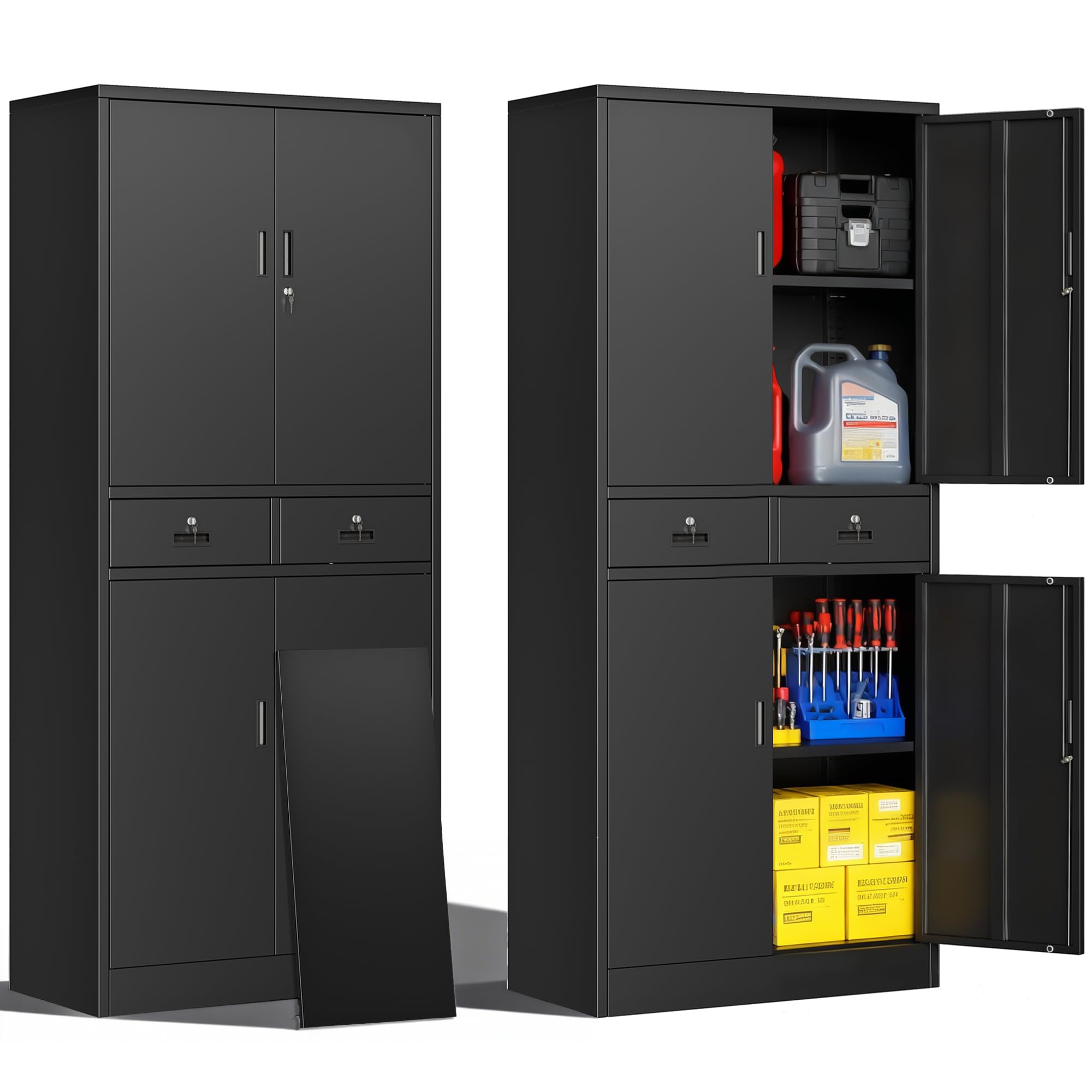 - Metal Storage Cabinet, 71" Garage Storage Cabinet with 2 Locking Drawers and 2 Adjustable Shelves, Black Tool Cabinet, Lockable File Steel Cabinet for Home, Office, Gym, School