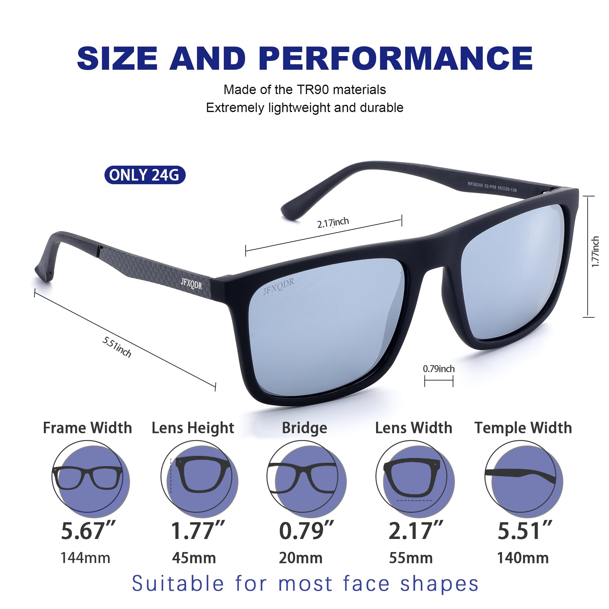 Gafas de sol polarizadas para hombre, marco de goma cuadrado de fibra de carbono, templo de pesca, conducción, protección UV, RFS8205, Lente plateada espejada con marco negro, Grandes 3
