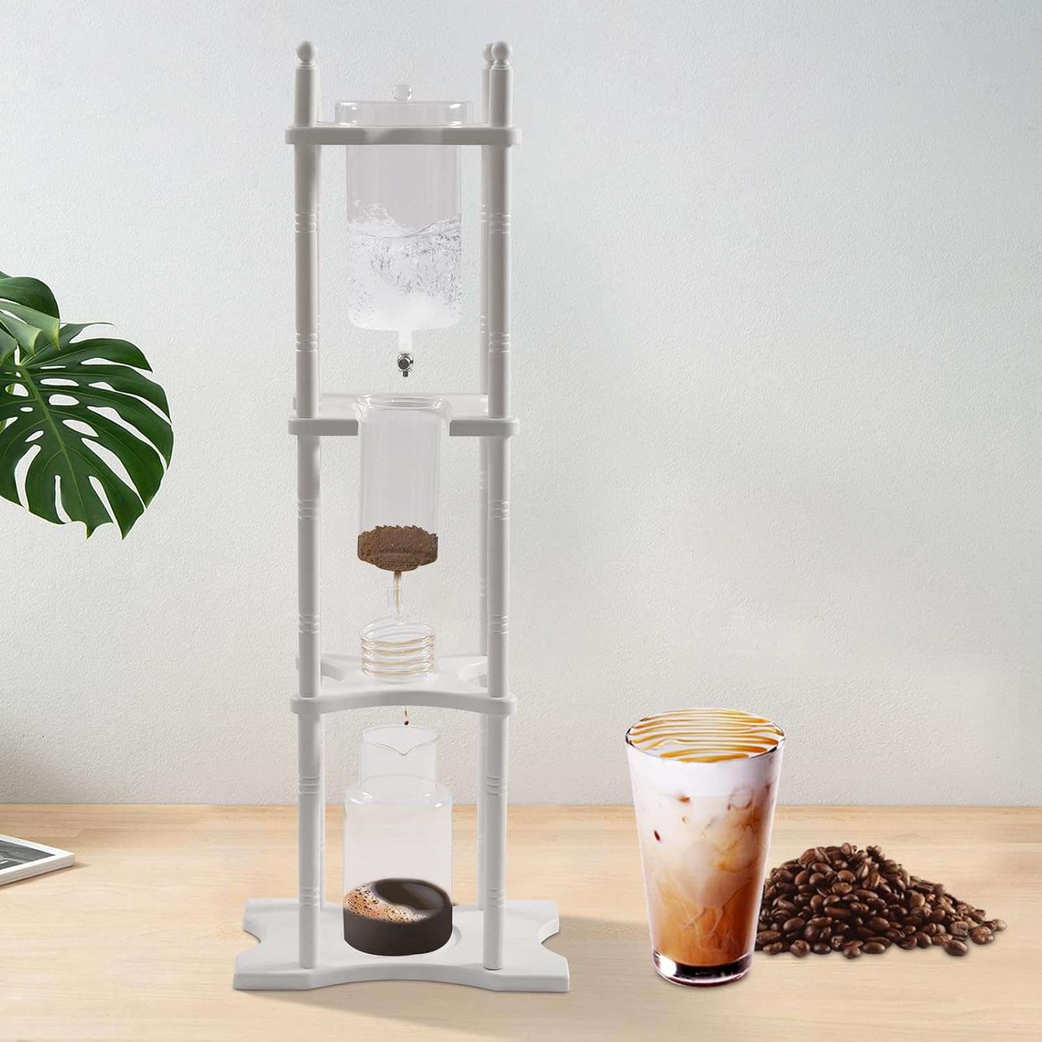 Ice Drip Coffee Maker, 2.5L Iced Coffee Maker Drip Tea Maker Tower Wooden Stand Glass Dripper Machine Cold Brew for Making Delicious Cold, Extracted Coffee at Home, Coffee Shops
