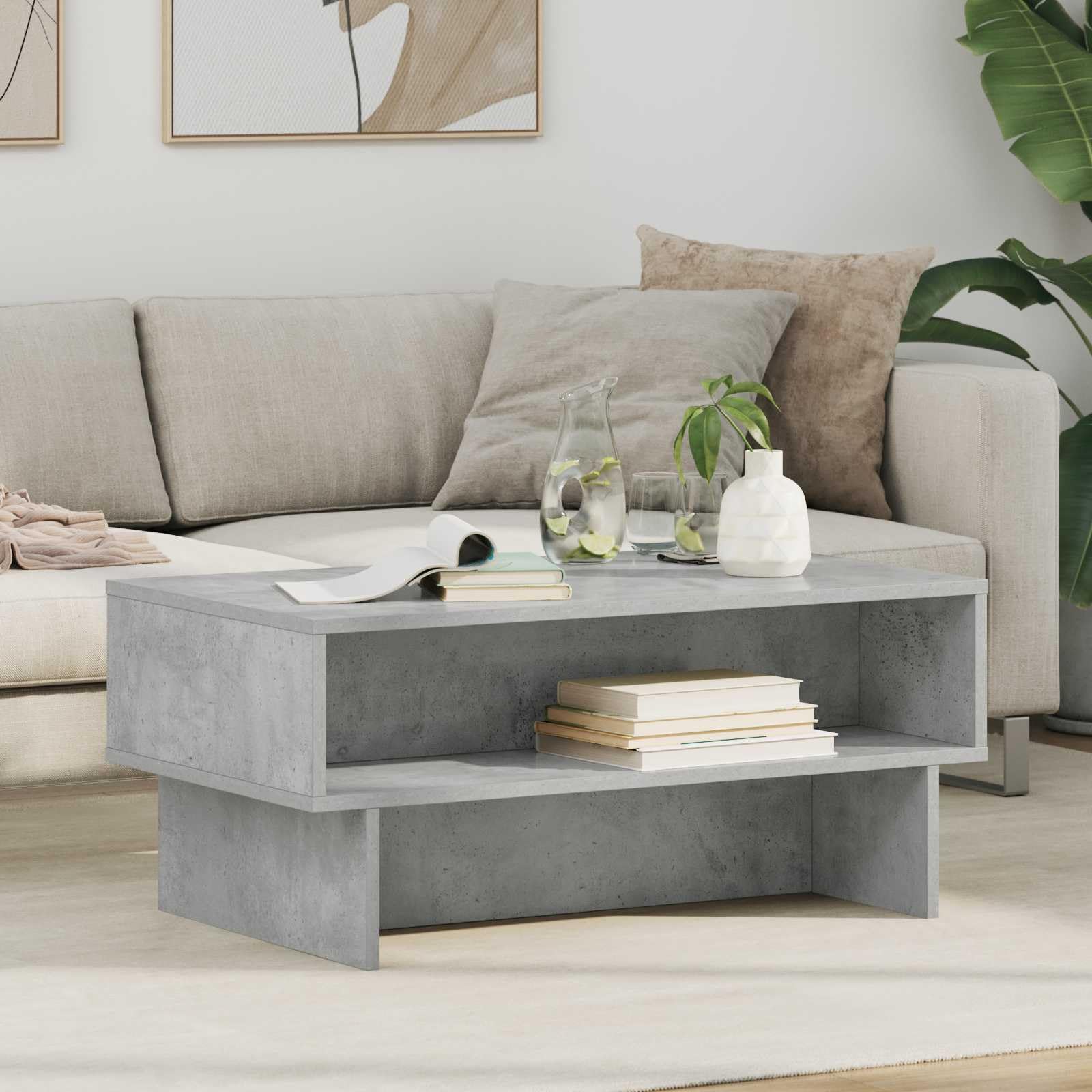 Mesa de centro de hormigón gris 80 x 46 x 35 cm con 2 estantes de madera de diseño moderno, robusta y duradera, pequeña mesa de salón para salón