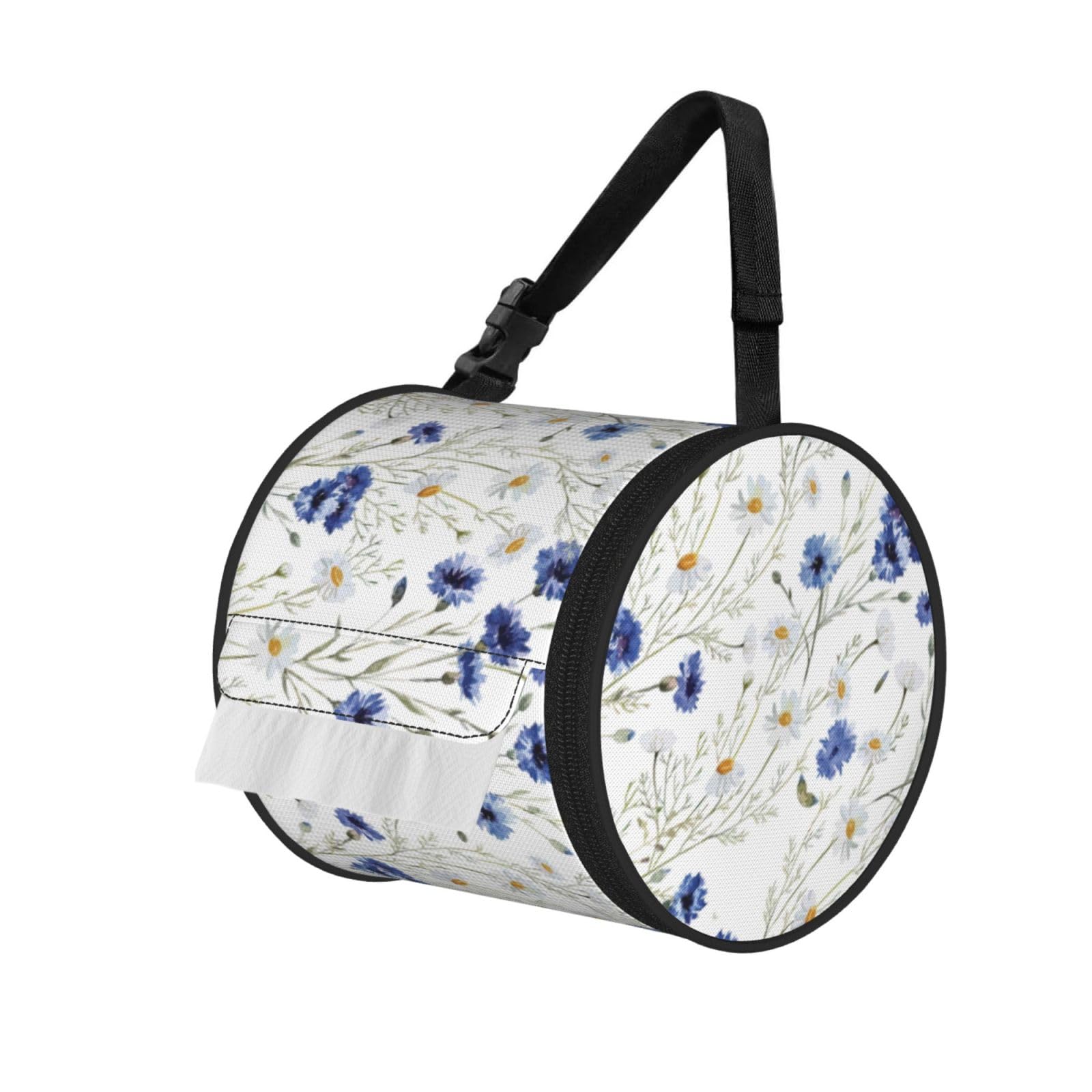 Flowers And Cornflowers Daisies Print Cylinder Bathroom Tissue Holder With Buckle Strap, Portable Paper Case For Road Trips