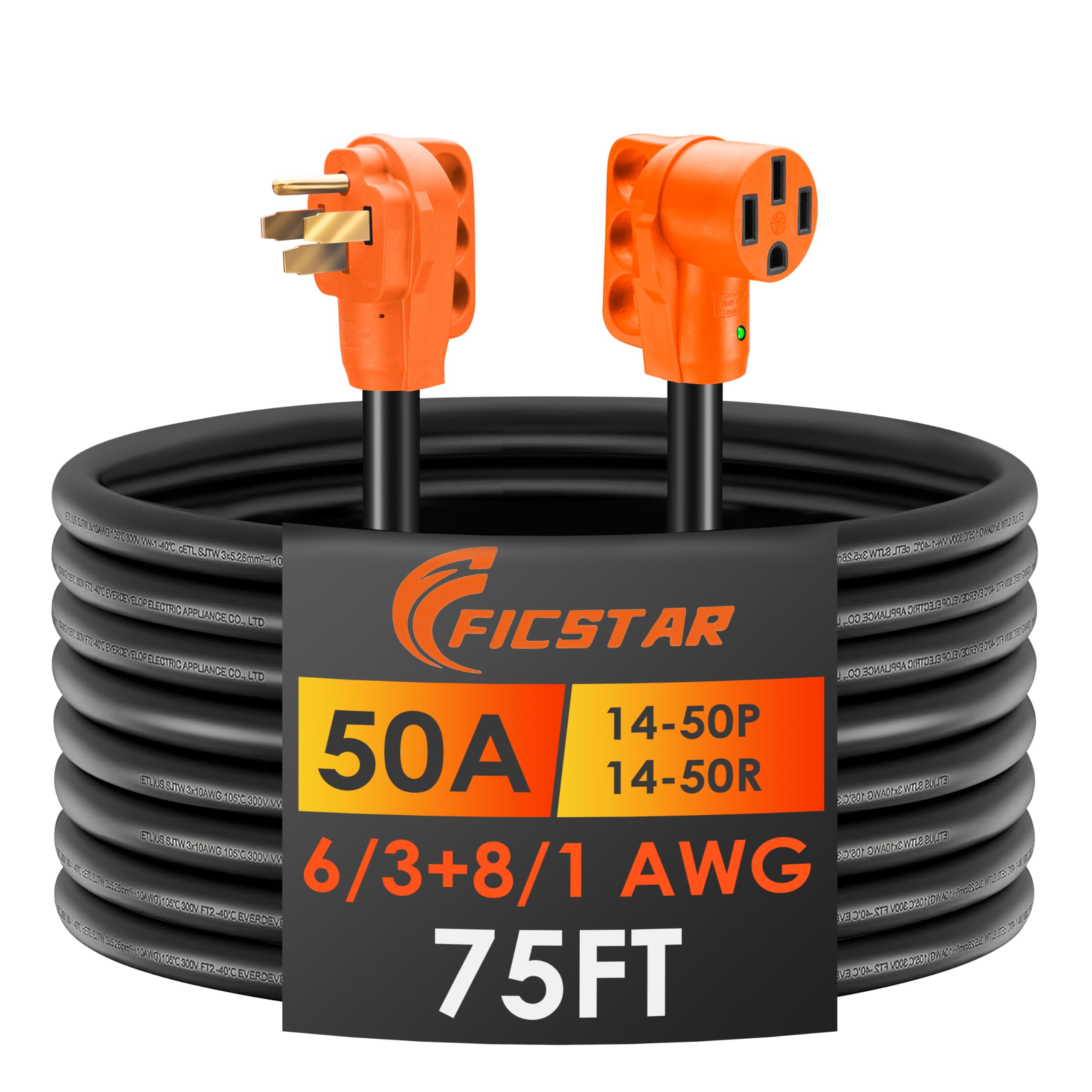 Ficstar 75FT 50 Amp RV Extension Cord Outdoor with Grip Handle,125/250V,12500W, 4 Prong, Heavy Duty 6/3+8/1 Gauge STW, NEMA 14-50P to 14-50R with LED