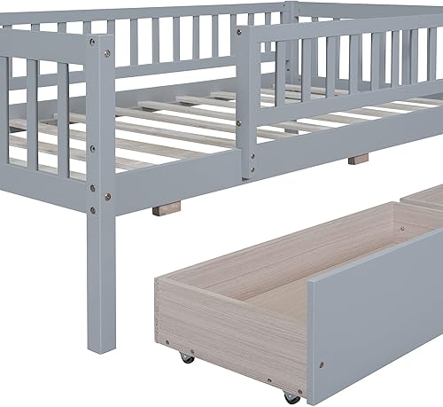 Miniatura 126 de Polibi Sofá cama de tamaño matrimonial, marcos de cama de día completo de madera con dos cajones y barandillas de seguridad para dormitorio, sala de