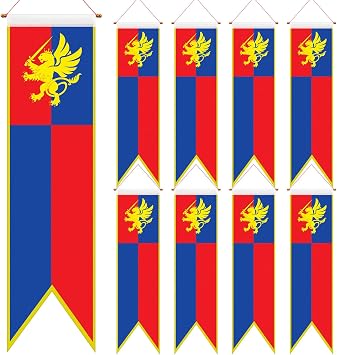 Oudain 4 ft Medieval Fantasy Pull-down Banner with Lion Design Hanging Party Bunting Banner Medieval Party Decorations Garden Cutouts Flag for Castle Theme Festival Birthday Decor8 Pcs