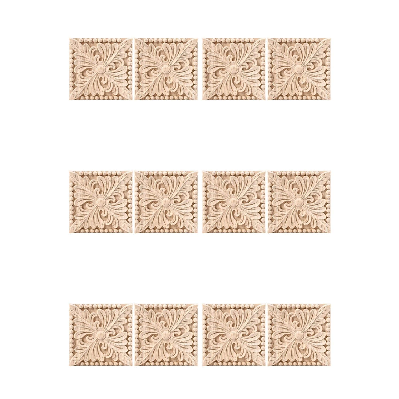12 Pack Wood Carved Applique Onlay Square Carving Decal Unpainted Flower Door Cabinet Furniture Decoration 3.94X3.94Inch