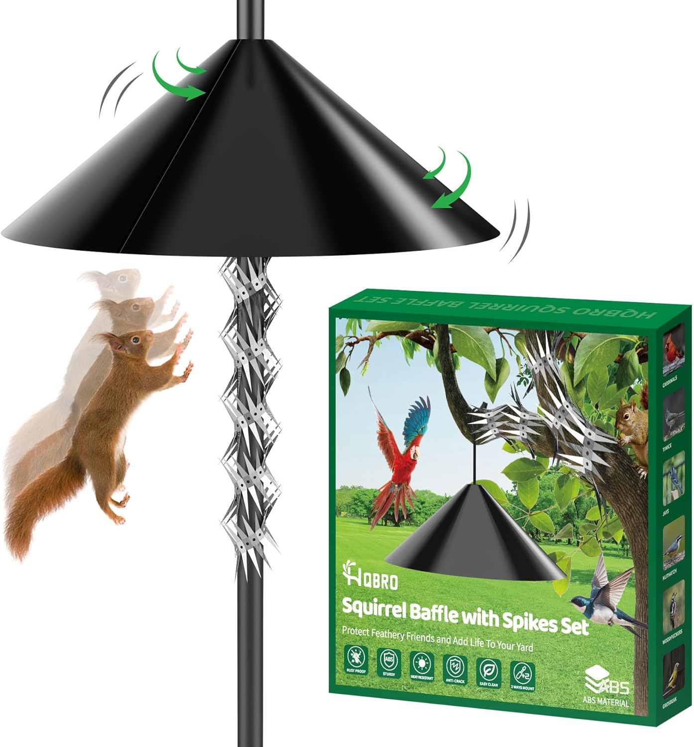 2-in-1 Squirrel Baffle for Bird Feeder Pole Shepherds Hooks with 40" Spikes Set, 19" Dia Raccoon Buster Cone, Bird House Guard for Outdoors Stand Mount & Hanging,Rust Chew Proof Heavy Duty ABS Black