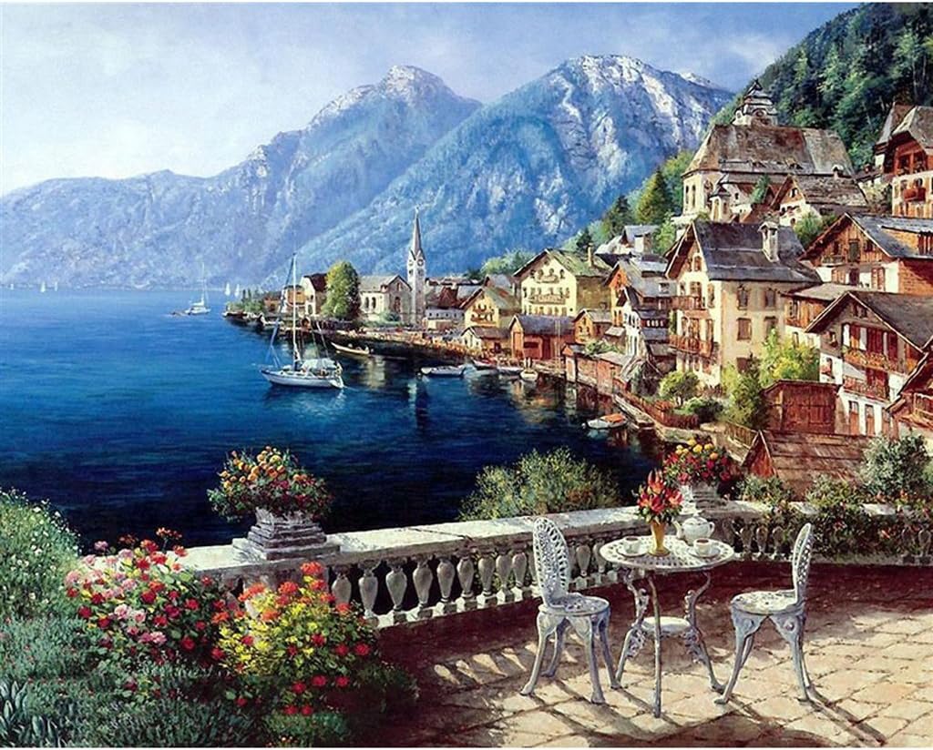 Liaobeiotry DIY Paint by Number Kit Digital Oil Painting Harbor Chair Canvas Wall Art Decor Painting