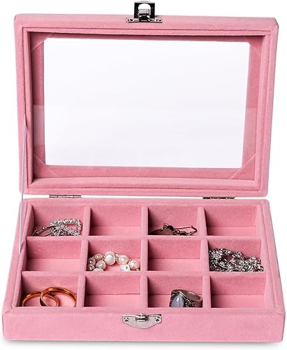 Miniatura 2 de Frebeauty Bandeja organizadora de joyas con tapa transparente, 12 rejillas de terciopelo para cajones, caja de almacenamiento de joyas con tapa