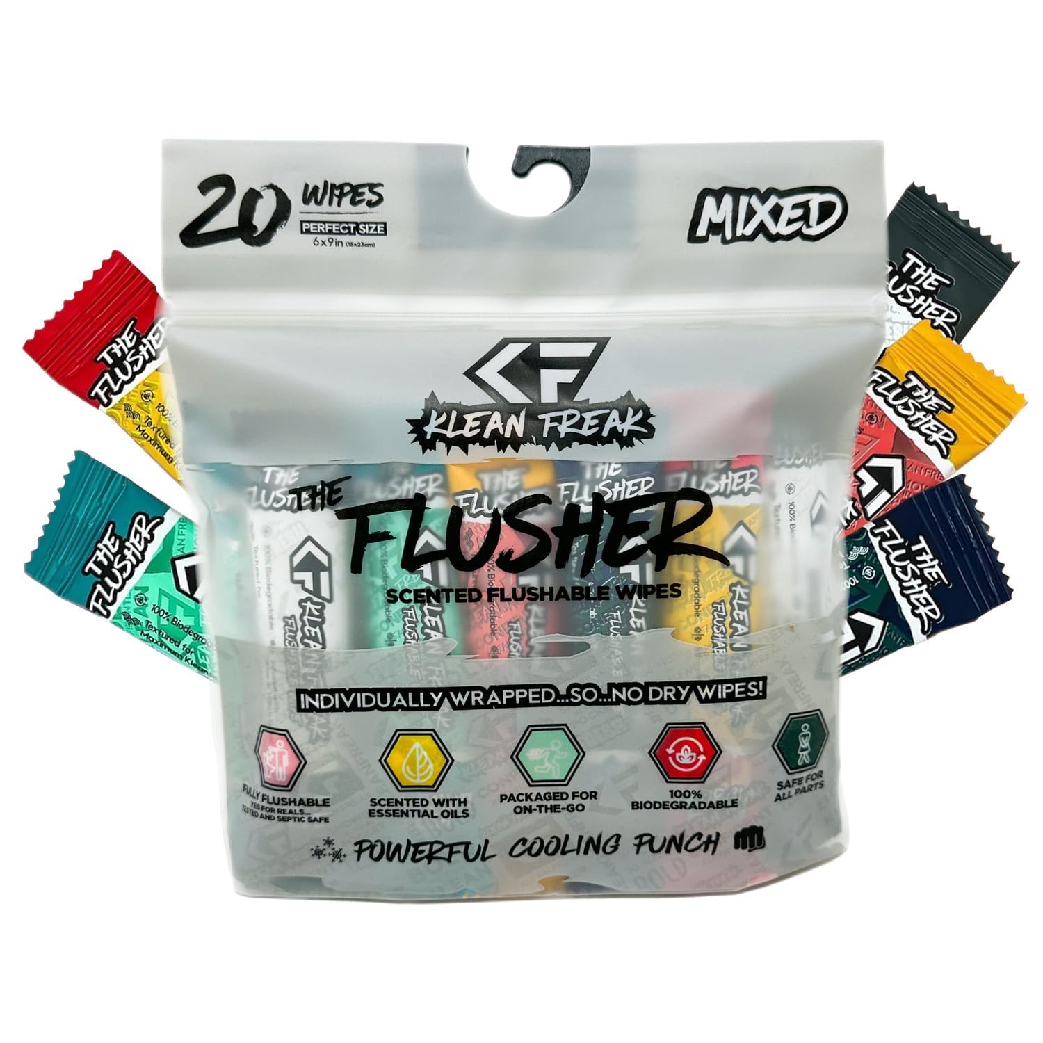 THE KLEAN FREAK FLUSHER - Flushable Wipes For Adults & Kids - 100% BIODEGRADABLE Individual Wrapped Travel WET Wipe for Toilet - Soothing Aloe & Witch
