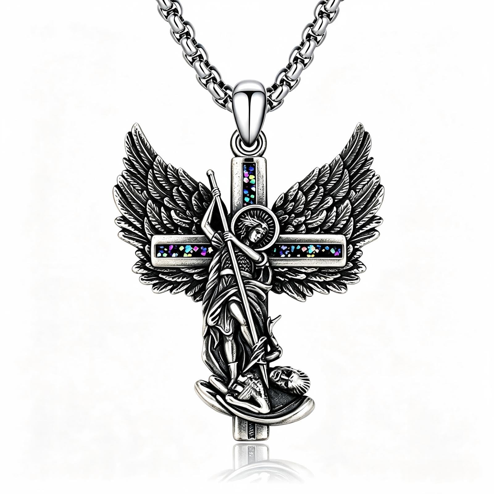Srebro 925 Archanioł Michał Krzyż Naszyjnik Religijny Amulet Biżuteria