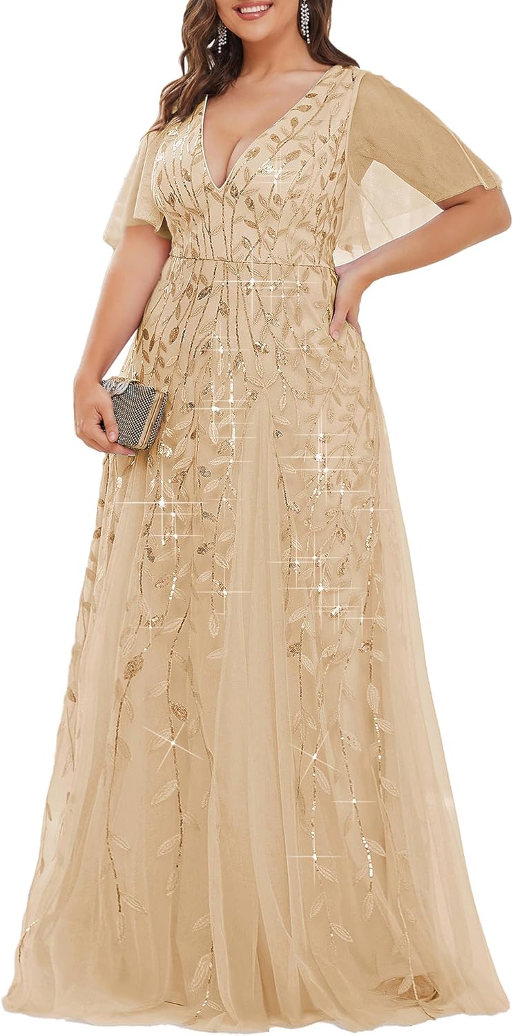 Ever-Pretty Women's Plus Size Sequin Embroidered Formal Evening Gown V-Neck Sheer Short Sleeve A-Line Mother of Biride Dress