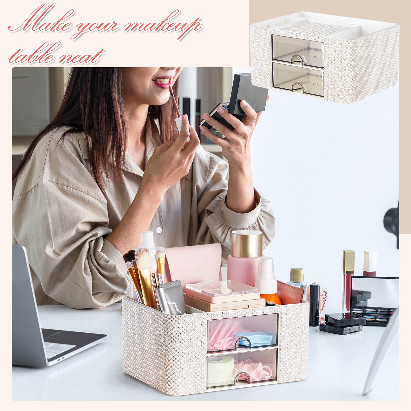 MotiMind Organizzatore da scrivania con 2 cassetti, decorazione per la stanza, regalo per adolescenti, ragazze, donne, compleanni, trucchi, per piano di lavoro, cura della pelle, scrivania, portapenne