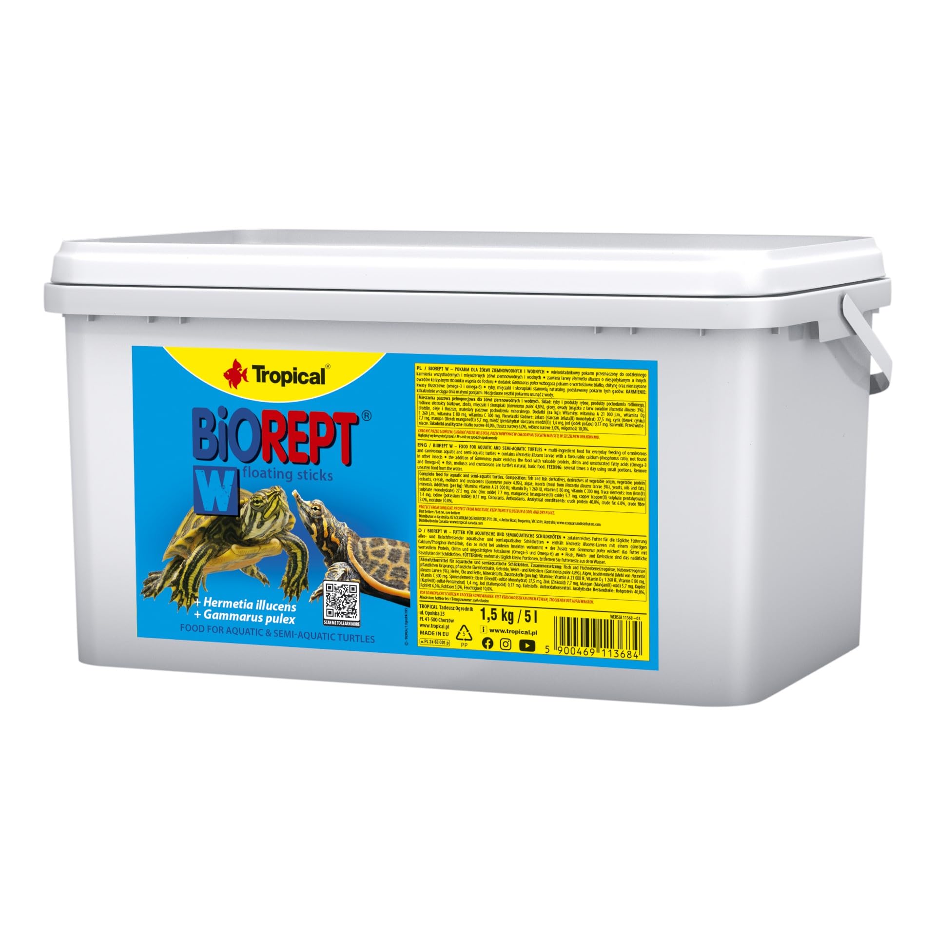 BIOREPT W. 5L / 1.5kg - alimento de múltiples Ingredientes para la alimentación Diaria de Tortugas anfibias y acuáticas omnívoras y carnívoras