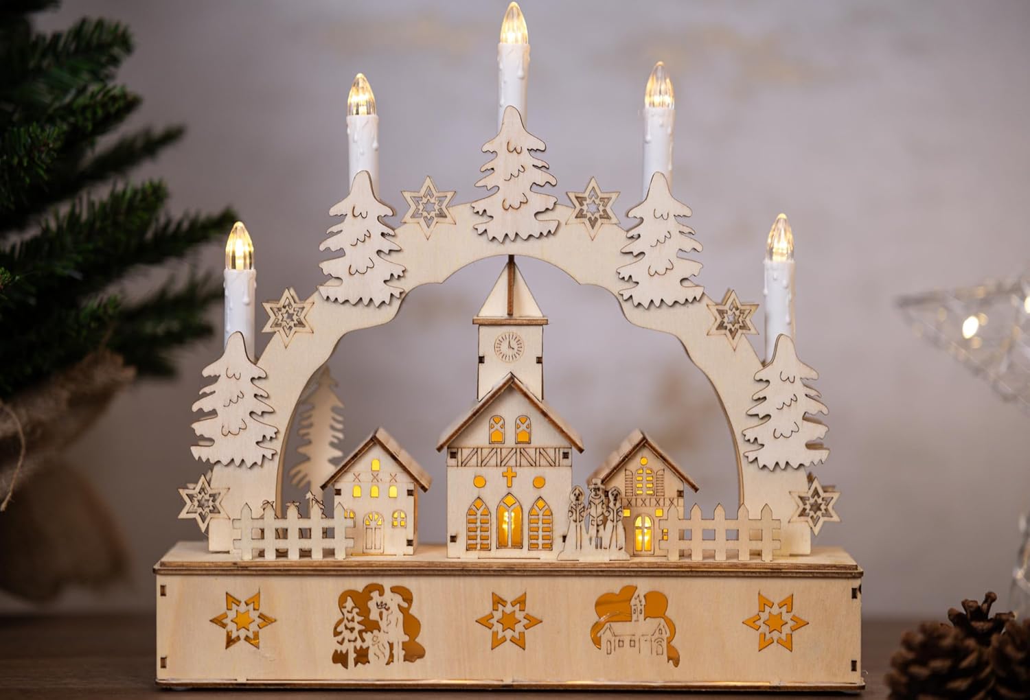 Marco Paul Wooden Candle Bridge Christmas Arch Scene w/ 5 Candle LEDs