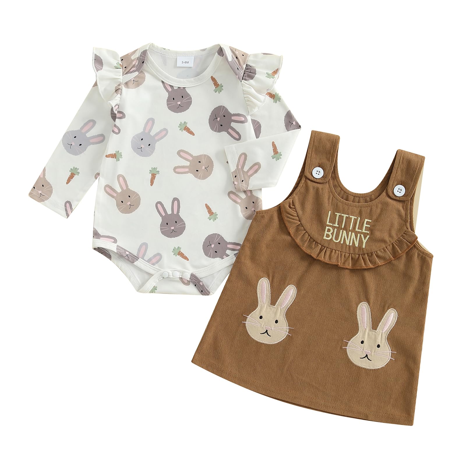 JLKGICF Newborn Baby Girl Easter Outfit Bunny Ruffle Long Sleeve Romper Overall Dress Easter Baby Girl Skirt Set Clothes (Brown, 6-12 Months)