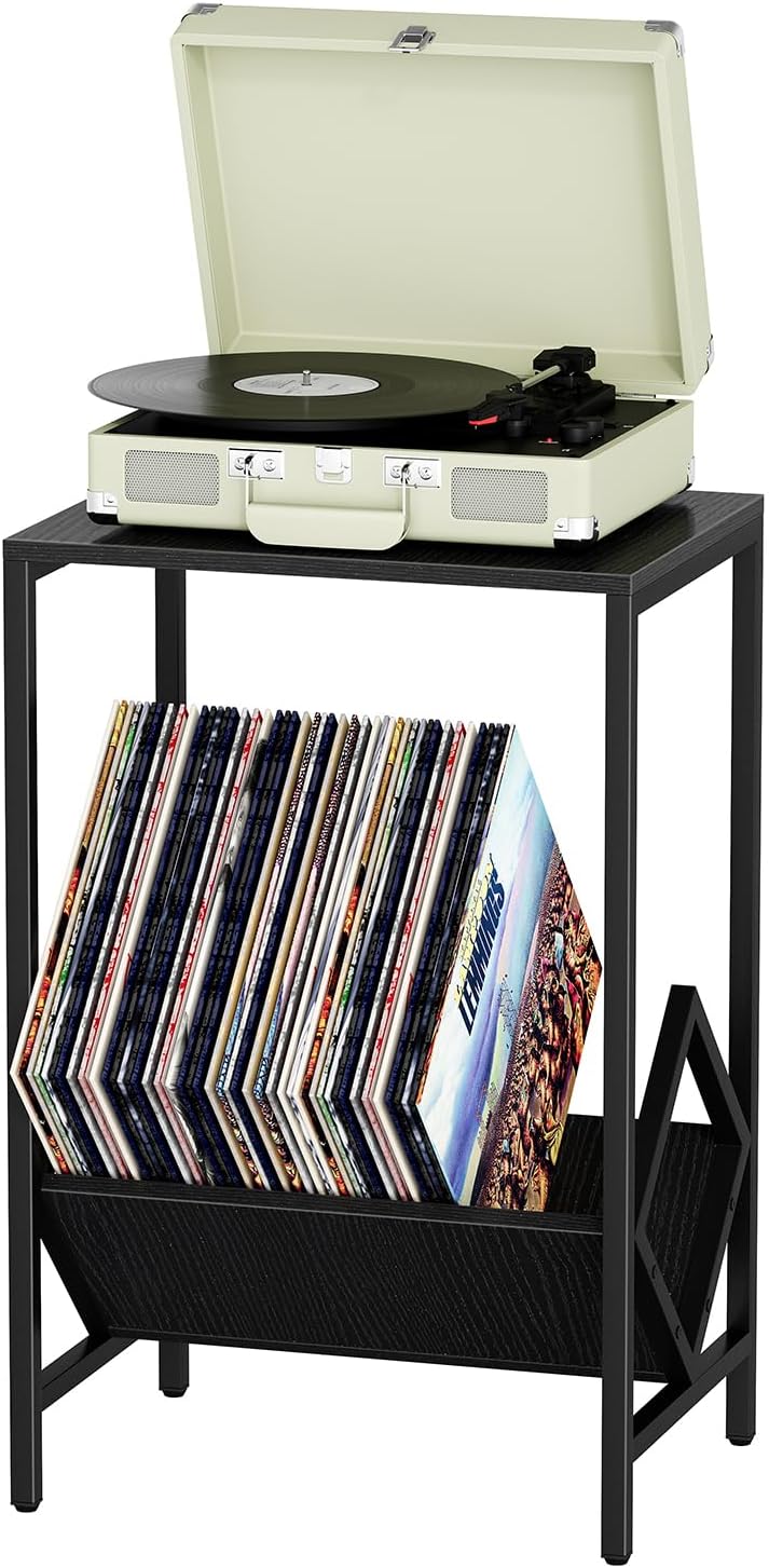 2 Tier End Table, Side Table, Record Player Stand with Storage Up to 100 Albums, Vinyl Record Storage, Turntable Stand for Vinyl, for Living Room Bedroom Black