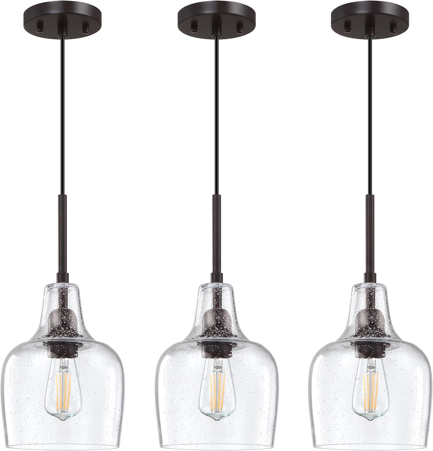 3 Pack 1 Light Indoor Hanging Kitchen Island Pendant Ceiling Light 6.1" Clear Seeded Glass Fixture,Oil Rubbed Bronze Finish for Farmhouse Over Sink Bedroom Hallway