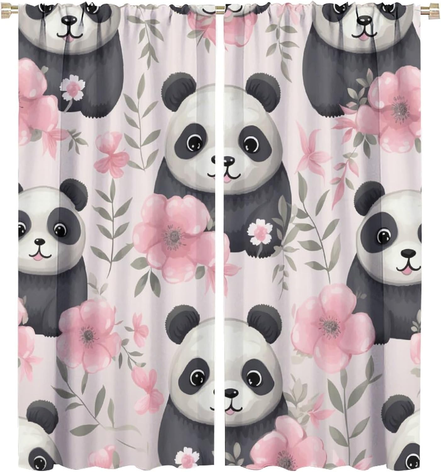 Brebasf Cute Cartoon Panda Floral Blackout Curtains,Watercolor Boys Girls Room Decor Forest Animal Panda Thermal Insulated Rod Pocket Blackout Curtains/Drapes Window 2 Panels 63" L x 27.5" W
