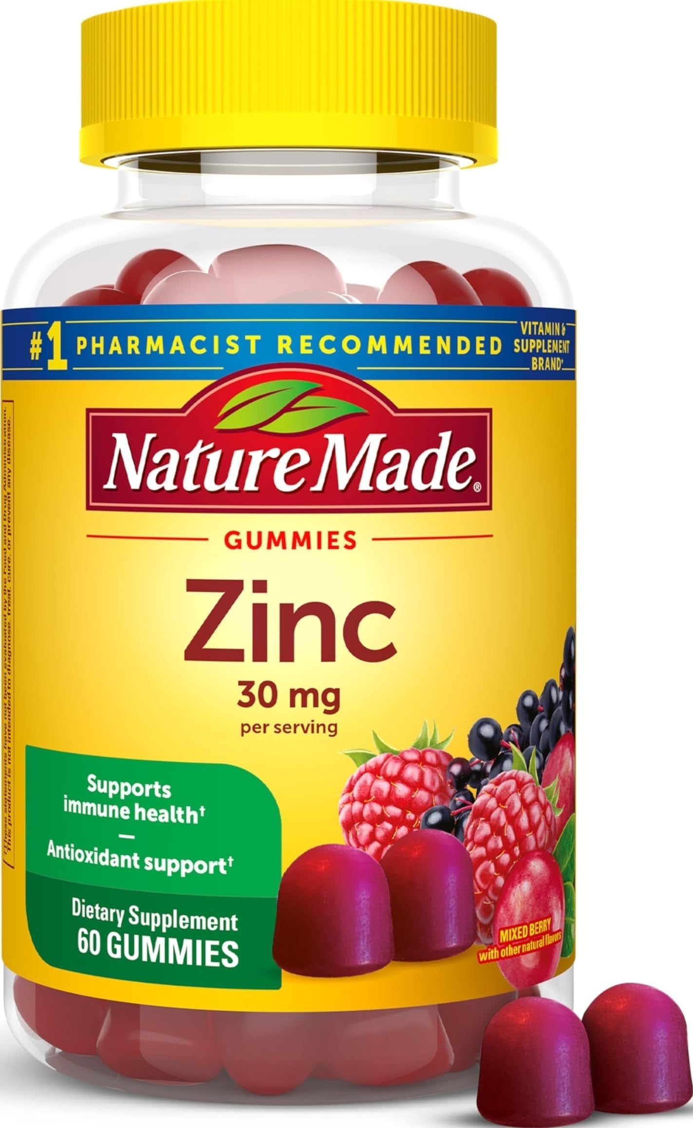 Zinc Supplements 30 mg Per Serving, 60 Zinc Gummies | Dietary Supplement for Immune Health and Antioxidant Support, Gluten Free, Mixed Berry Flavor, 30 Day Supply