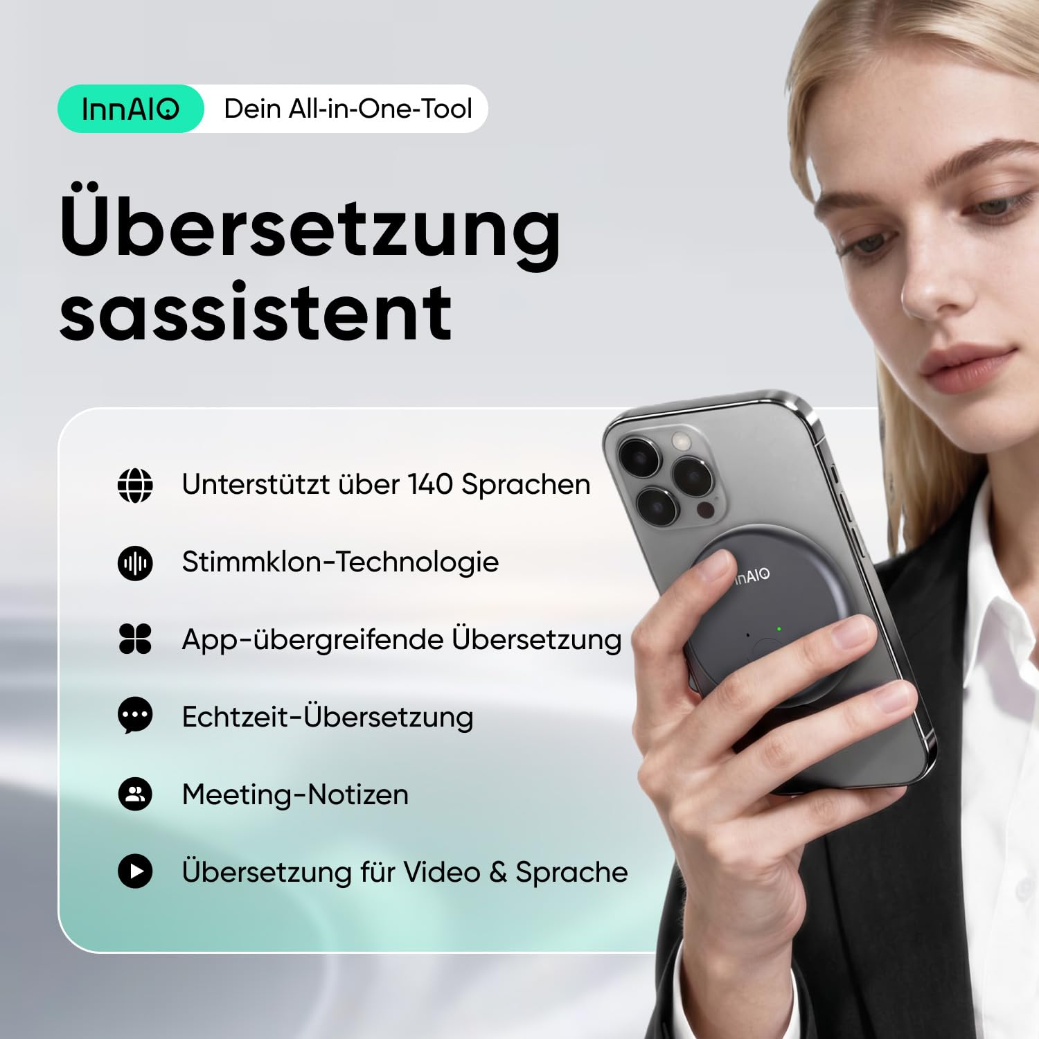 KI Übersetzer, Übersetzungsgerät für 140+ Sprachen, GPT Echtzeitübersetzung, Sprachübersetzer mit Sprachklonung, Anrufe & Video, KI Sitzungsprotokolle, Fotübersetzung, Schwarz