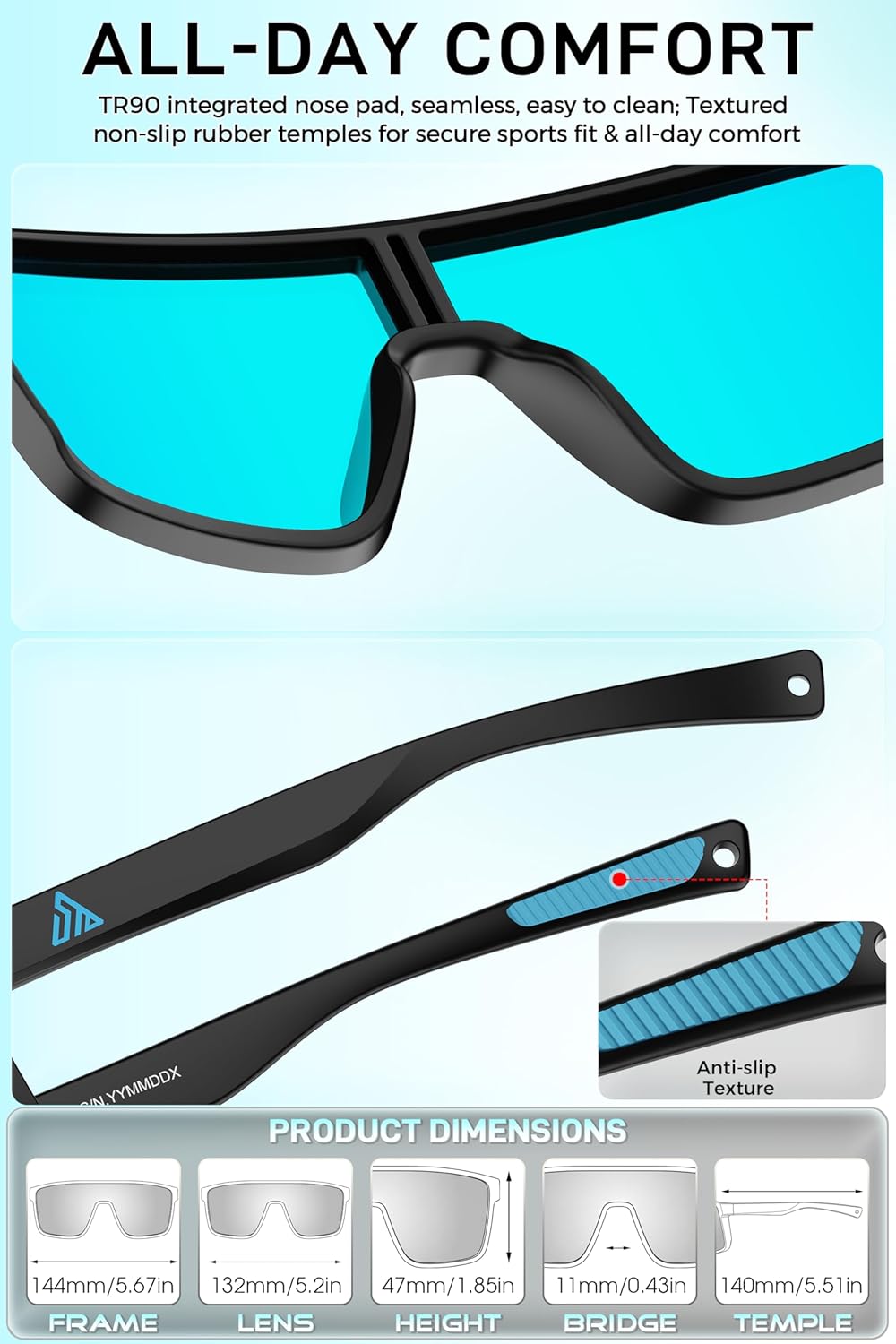 SIPLION Polarized Sunglasses Men & Women: Stylish Sports Frame UV400 Protection Anti-Slip Large Lens for Cycling Running Golf