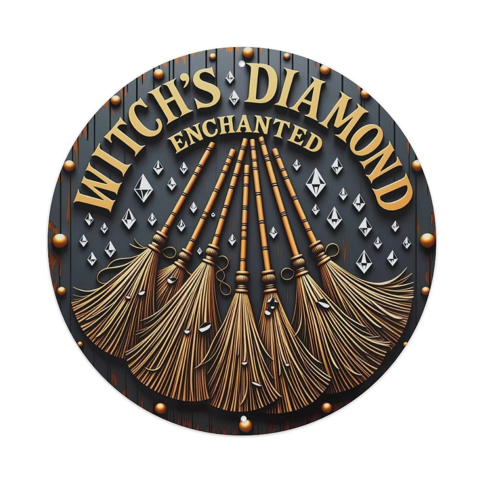 Witch's Diamond Enchanted Broom Pattern Metal Tin Sign