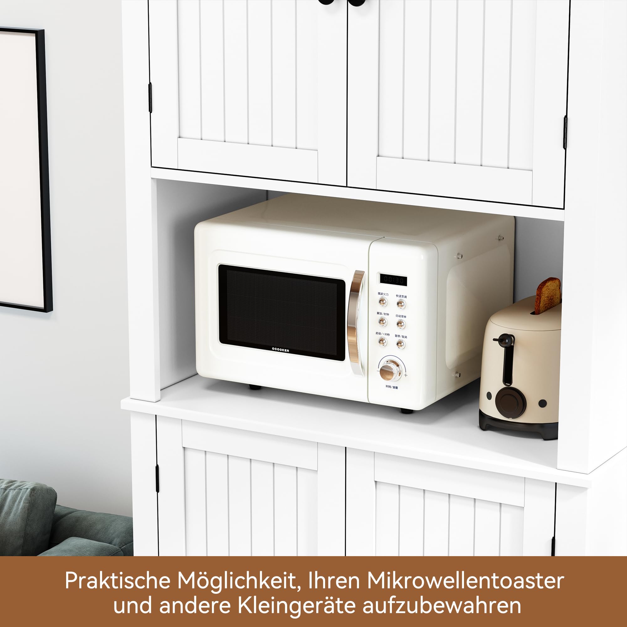 HOLTICO Küchenschrank mit Arbeitsplatte, Hochschrank Küchenbuffet Buffetschrank, Esszimmerschrank, Speisekammer mit Türen und Regalen für Esszimmer, Wohnzimmer, Waschküche,Weiß