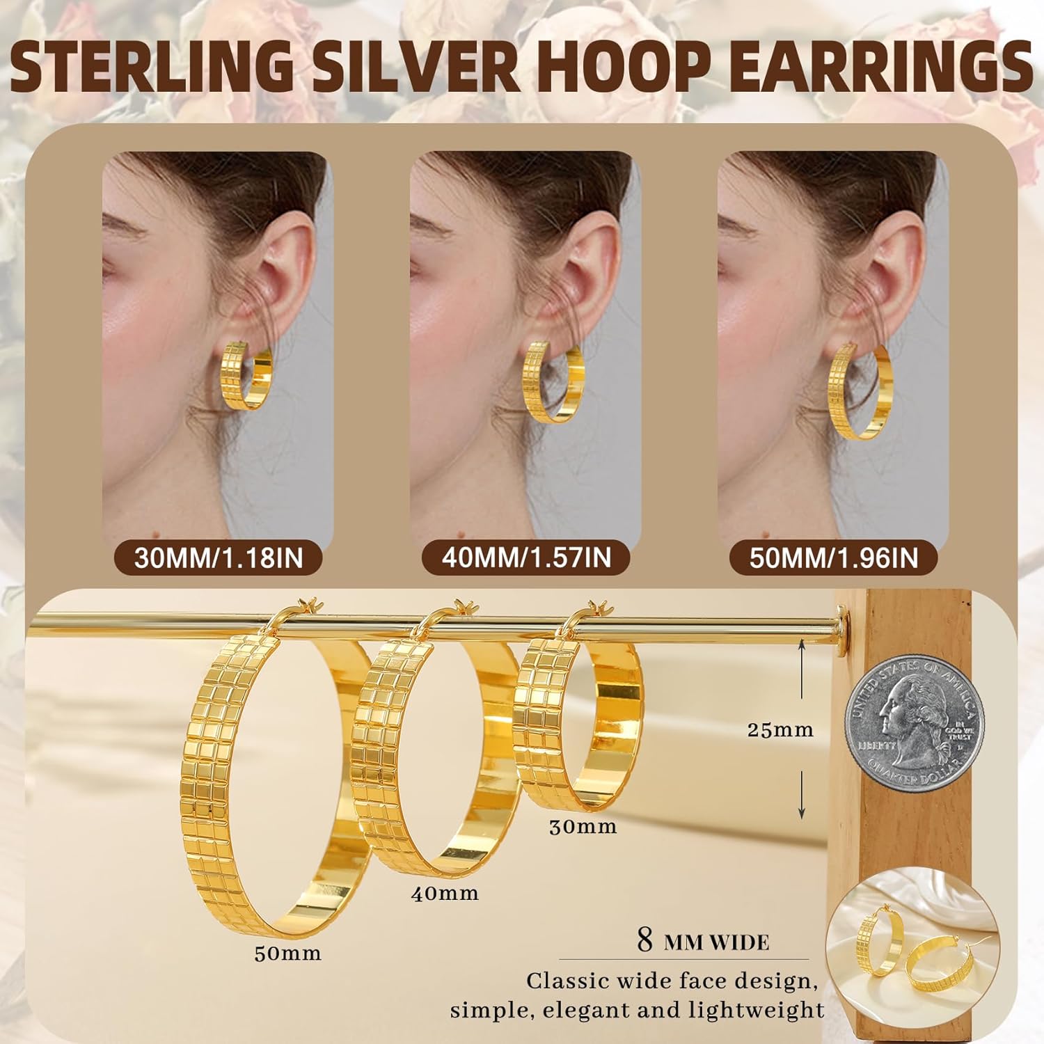 LOUMILEO 8mm Wide Chunky 14K Gold Plated Ribbed 925 Sterling Silver Post Hoops Earring Hypoallergenic Lightweight Large Silver Hoop Earrings for Women (30/40/50MM) - Image 5