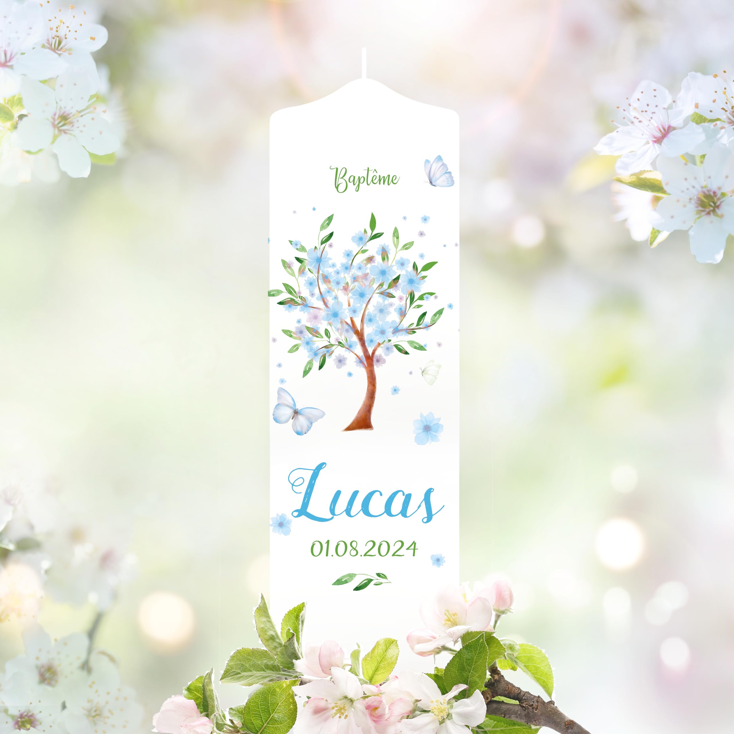 Bougie Baptême personnalisée Fille Garçon motif Arbre fleuri – Cierge Baptême avec prénom et date – Cierge de parrainage – Bougie imprimée – Cadeau parrain marraine – 25 x 7 cm
