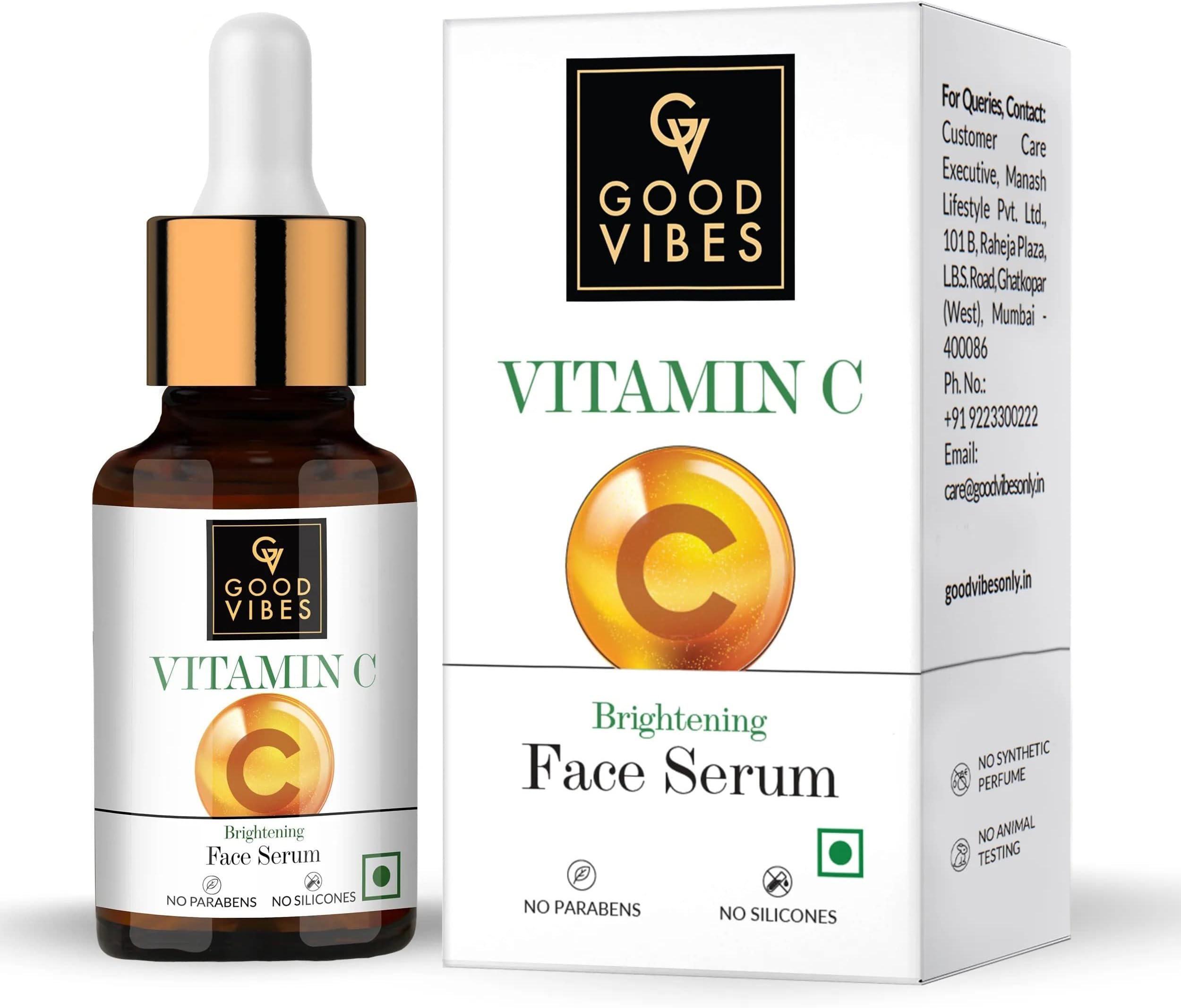 Good Vibes Brightening Vitamin C Face Serum For Glowing Skin, 10 ml Light Weight Absorbs Quickly Moisturizing Serum For All Skin Types