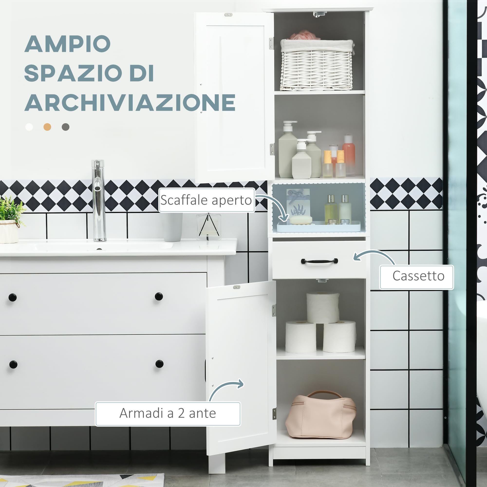 kleankin Mobile Bagno Alto Slim con 2 Armadietti a Ante 40x30x164cm Bianco