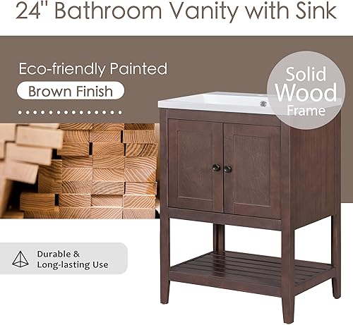 Miniatura 7 de Merax Moderno tocador de baño con fregadero, armario de almacenamiento de baño de 30 pulgadas con estante abierto, juego de fregadero de madera