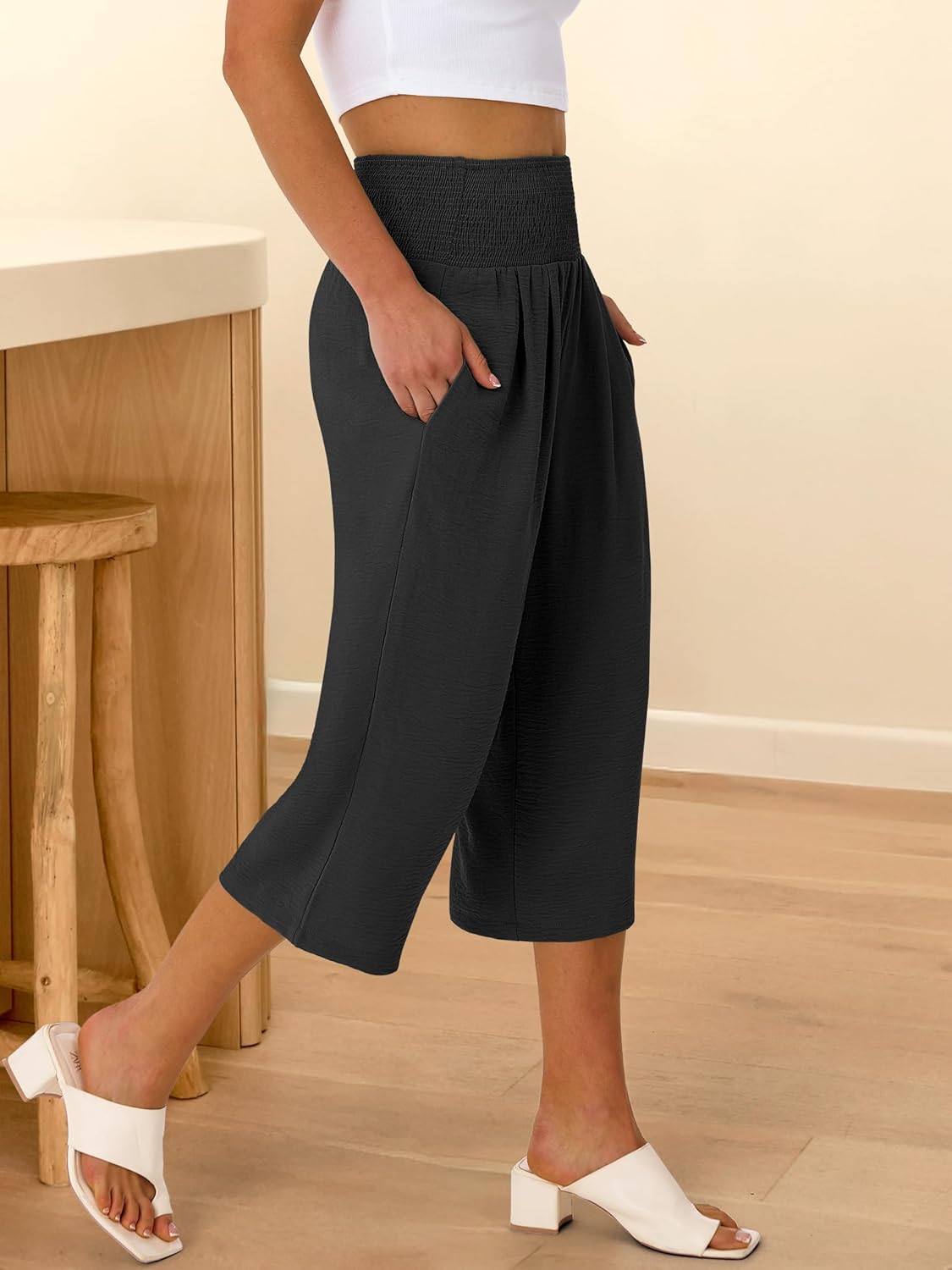 ANRABESS Capris Pants for Women Summer Casual Loose Flowy High Waisted Smocked Palazzo 2026 Lounge Beach Cropped Trousers - Image 4