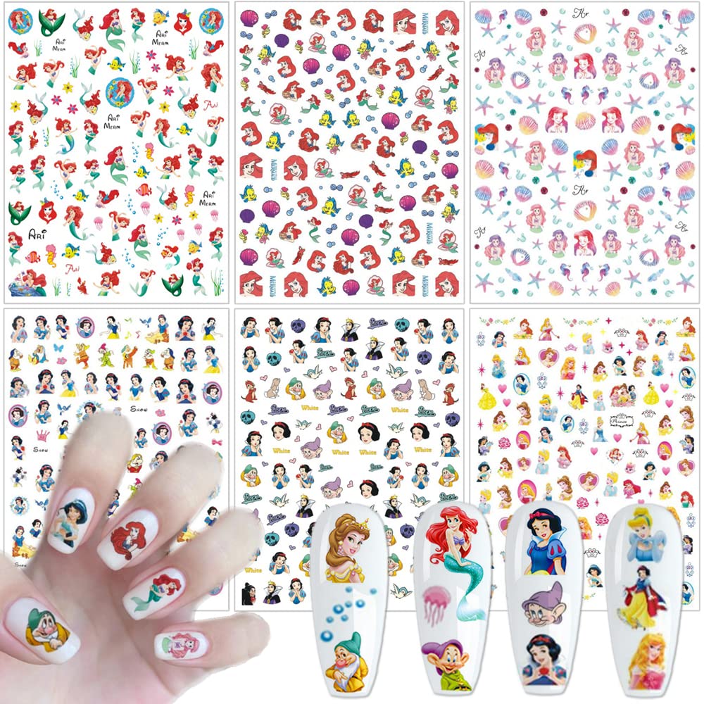 6 Sheets Kawaii Nail Stickers 3D Anime Design Charms Cute Cartoon Self-Adhesive Acrylic Art Supplies Mermaid Decals for Women Girls Decorations S5