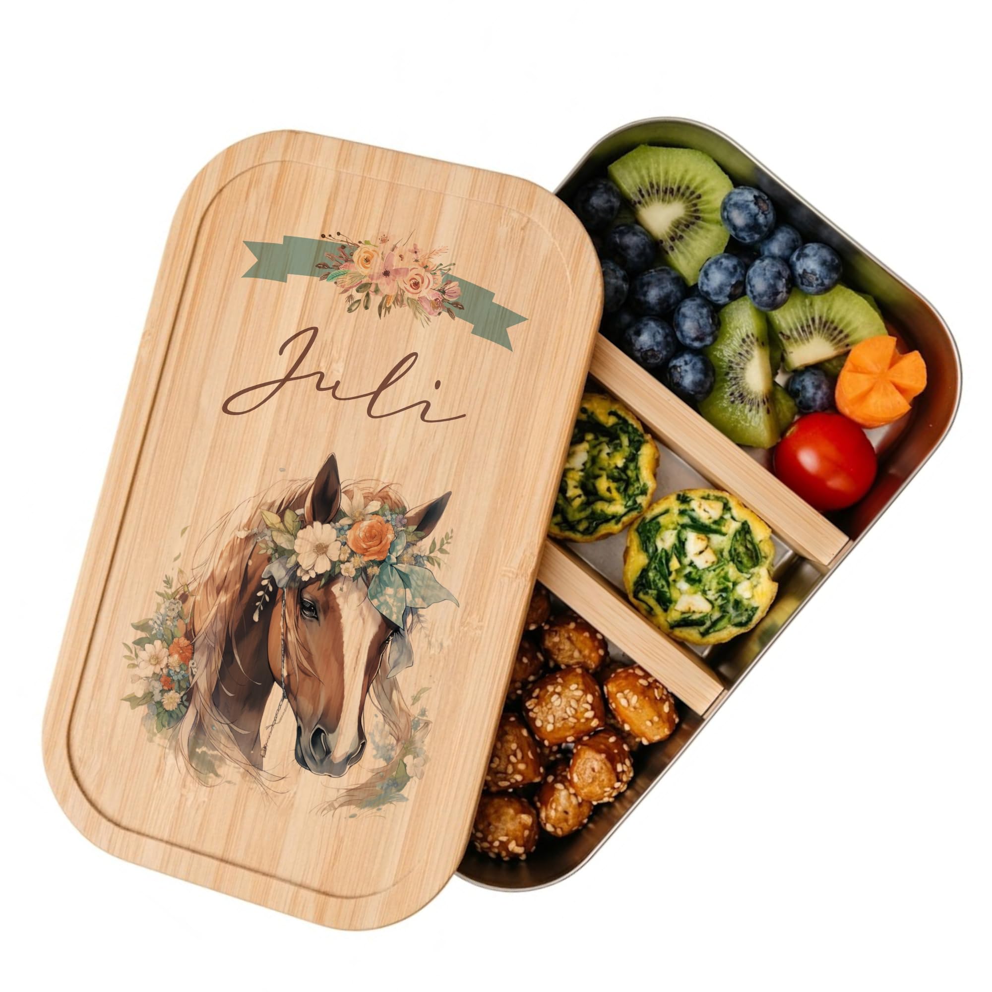 Manufaktur Liebevoll - Personalisierte Brotdose Pferd Pony m. Fächern, Edelstahl Lunchbox I Bambus Deckel u. Trenner, Brotbüchse | Kinder, Mädchen (Motiv Juli, Edelstahl | Größe S)