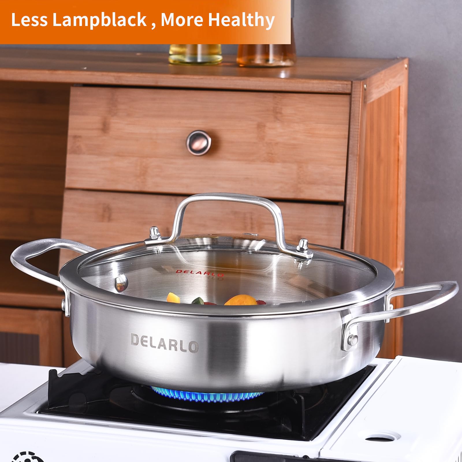DELARLOCHEF Padella da portata 24 cm: Padella in acciaio inox a tre strati, Tri-ply Stainless Steel Sauteuse, Padella con coperchio, Padella per cottura a induzione