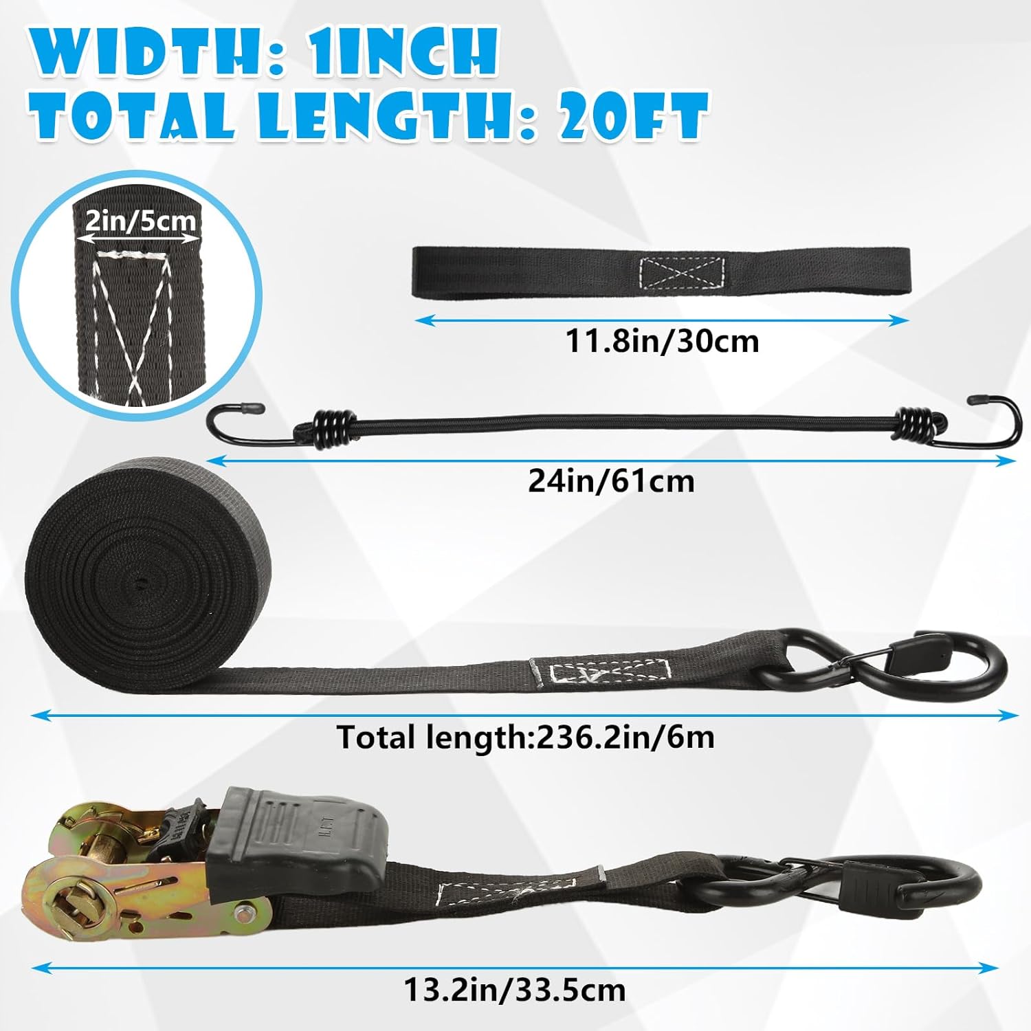 4pc 1in Ratchet Straps - Heavy Duty 20ft Tie Downs with Hooks, Black Ratcheting Straps for Motorcycle & Trucks - 2645 LBS Strength - Image 2