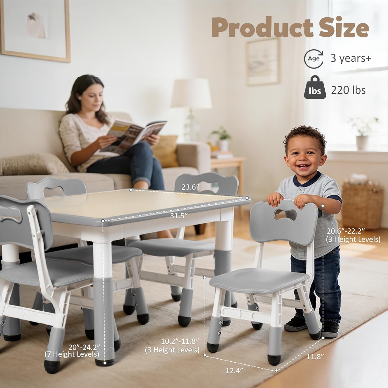 TODEFULL Kids Table and 4 Chairs Set for Toddlers, Height Adjustable Toddler Desk 31.5" L x 23.6" W Graffiti Tabletop, Home/Preschool/Daycare/Classroom Study Activity Table and Chairs for Kids 2-5