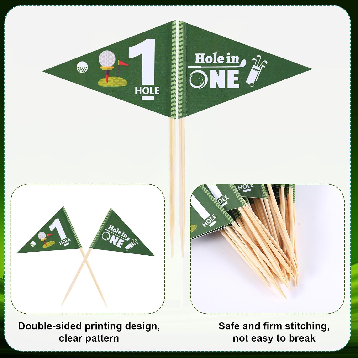 50pcs Golf Themed Toothpick Flags, Hole in One 1st Birthday Golf Cocktail Picks Toothpick Flags for Food Mini Golf Flag Cupcake Toppers for Birthday Party Bar Decor