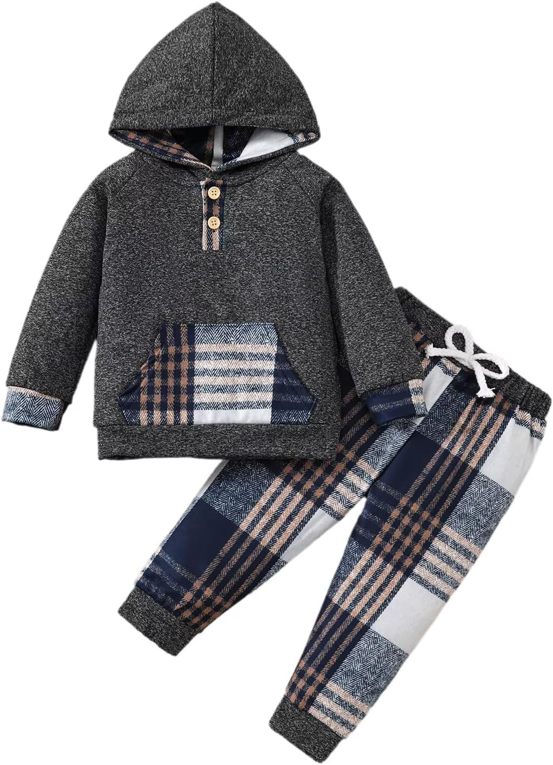 Toddler Baby Boy Clothes Fall Winter Outfits Long Sleeve Plaid Button Hoodie Tops Sweatshirt Pants Set 12 Months-5T