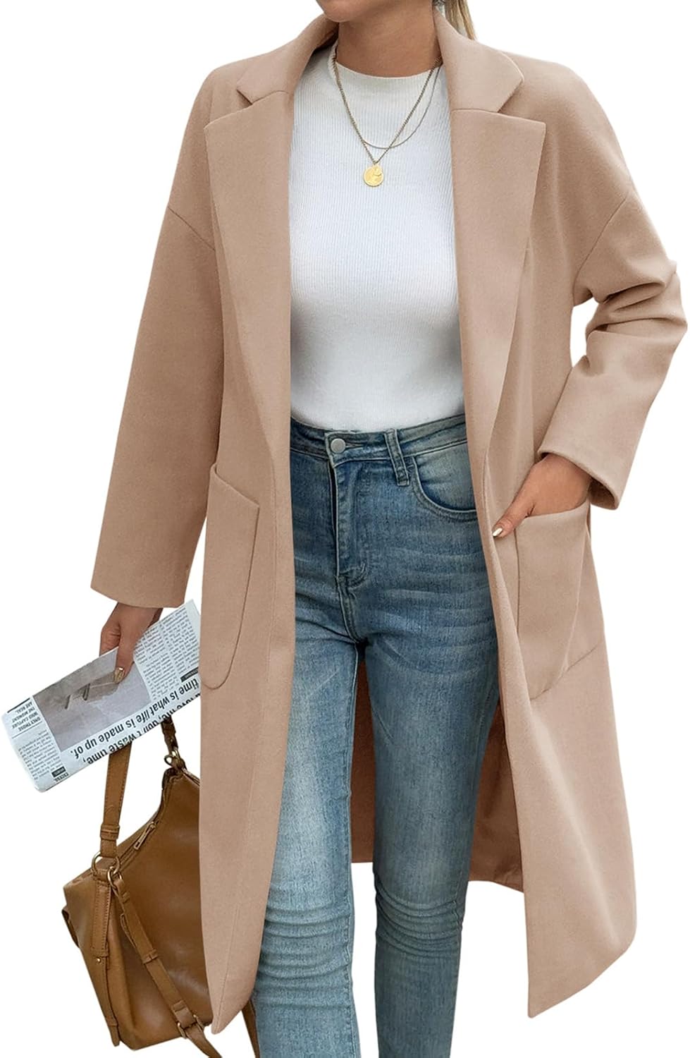 Tankaneo Womens Long Pea Coats Open Front Lapel Jackets Casual Belted Trench Coat Overcoats with Pockets