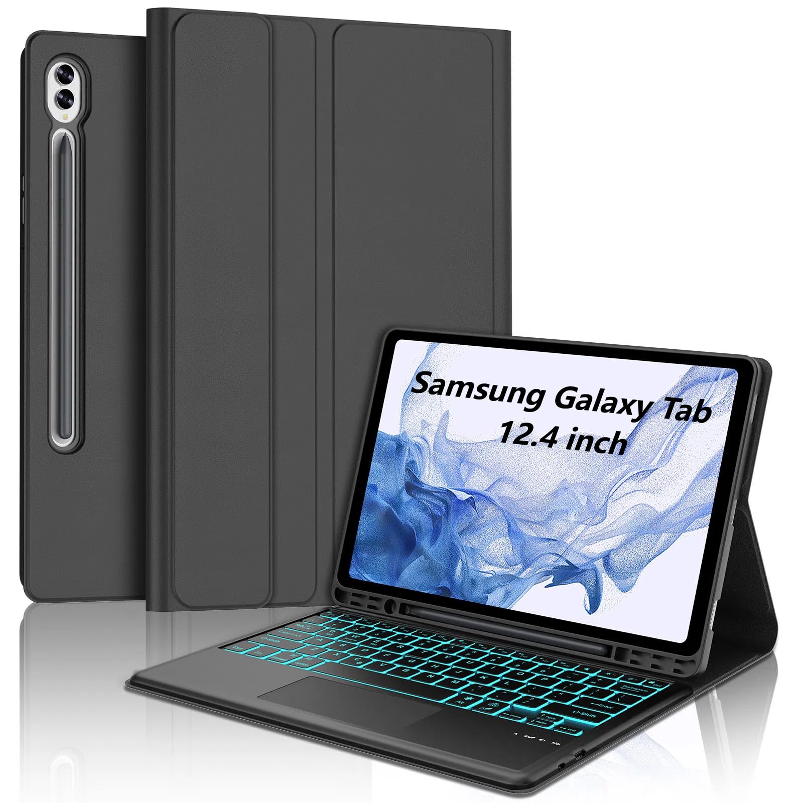 Keyboard Case for Galaxy Tab S9 FE+/ S9+ /S10+ 12.4 Inch, 7 Color Backlit, Touchpad Detachable Bluetooth Keyboard for Samsung Tab S10+ Plus/S9+ Plus/S9 FE+ Plus/S8+ Plus/S7FE/S7+ Plus 5G 12.4", Black