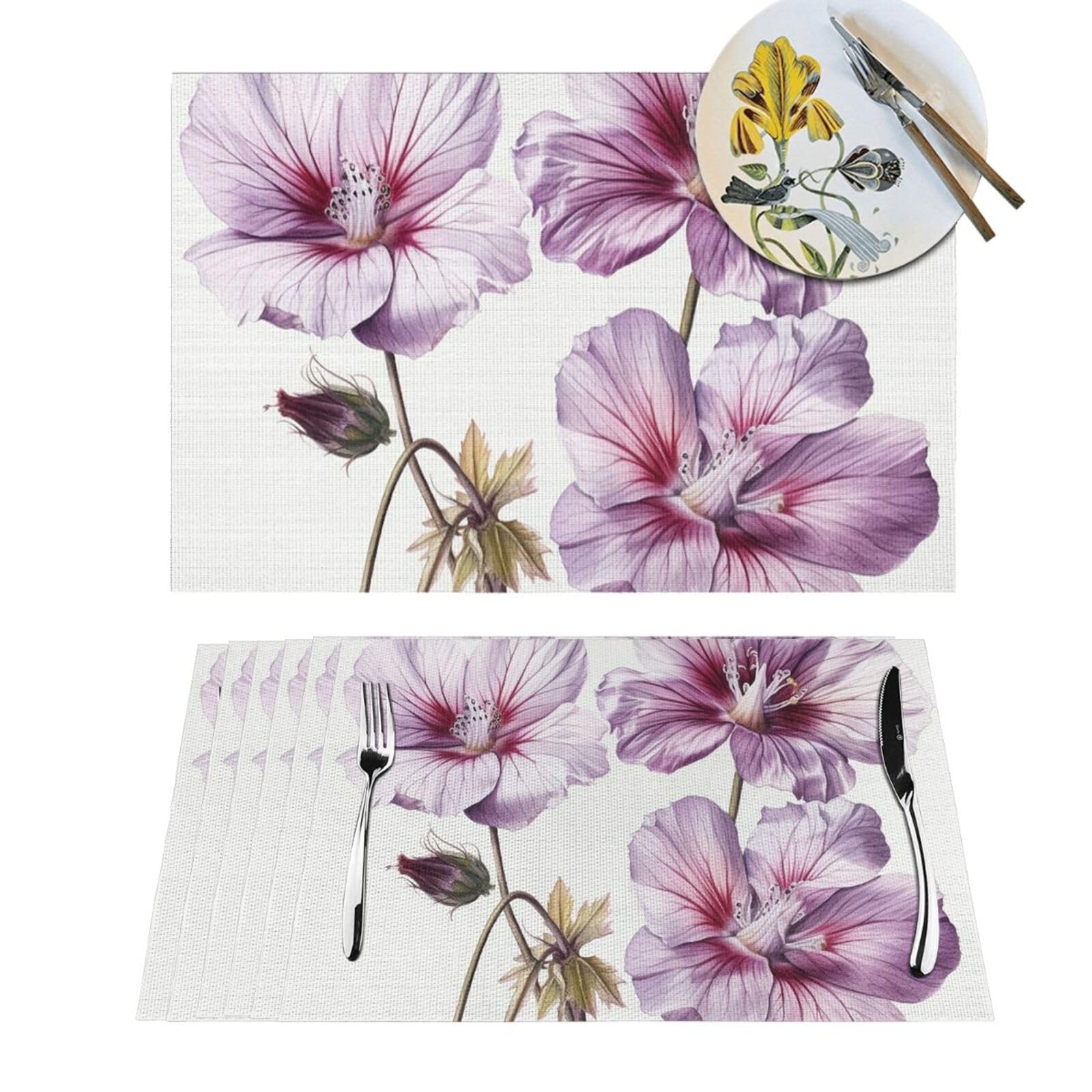 Sets de table tissés avec trois fleurs violettes parfaits pour repas de fête et pique-nique