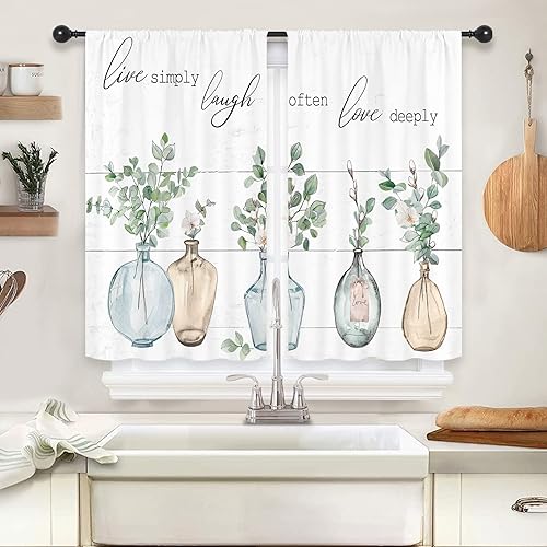 Riyidecor Botellas y plantas, cortinas de cocina, hojas color verde florales de granja, tablón de madera botánico, citas divertidas, bolsillo para