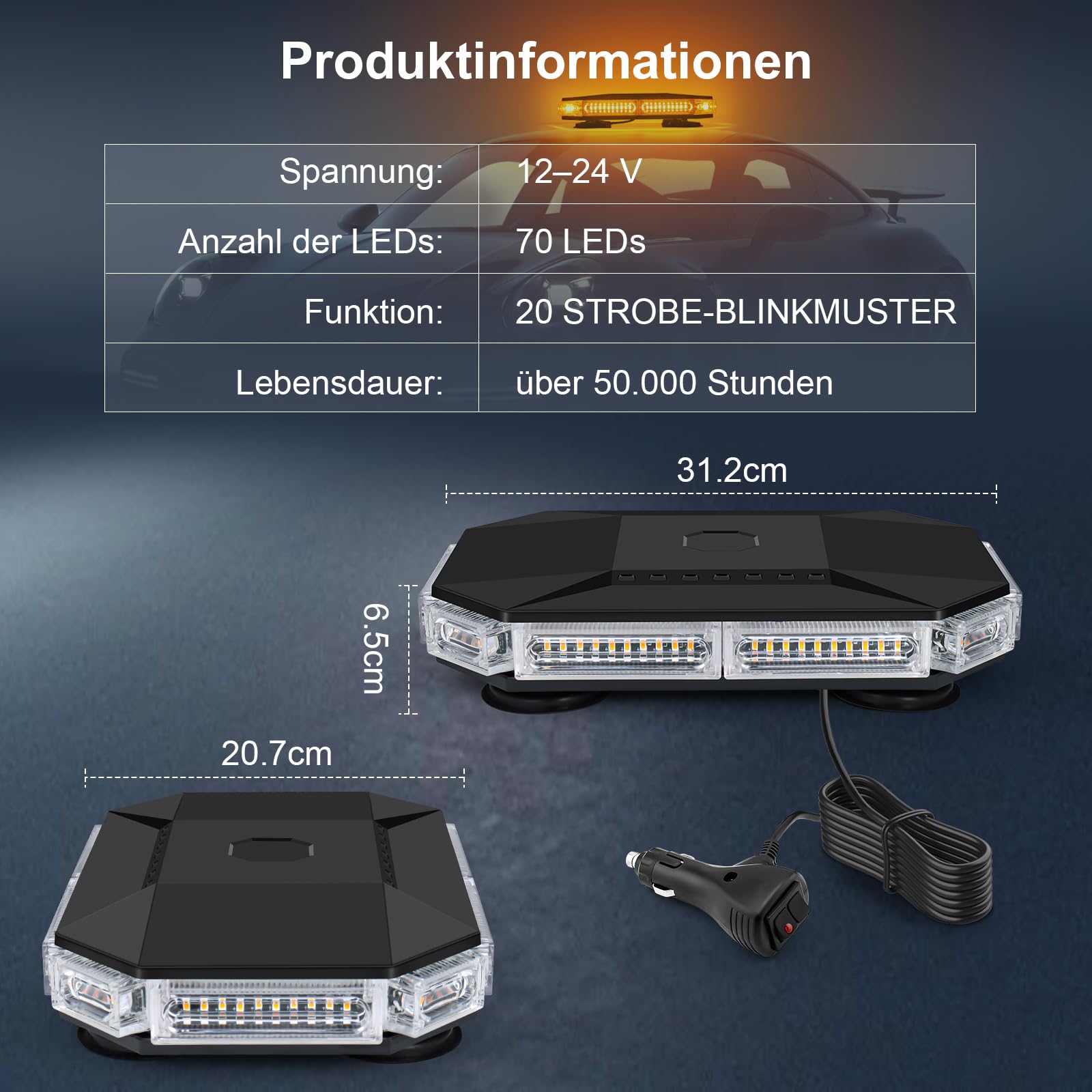 LED Rundumkennleuchte Gelb mit Magnetfuß, 12V 24V Auto Signalleuchte | IP65 Wasserdicht, 20 Blitzmodi, 4,8m Kabel mit Stecker, Für Baufahrzeuge & Traktoren