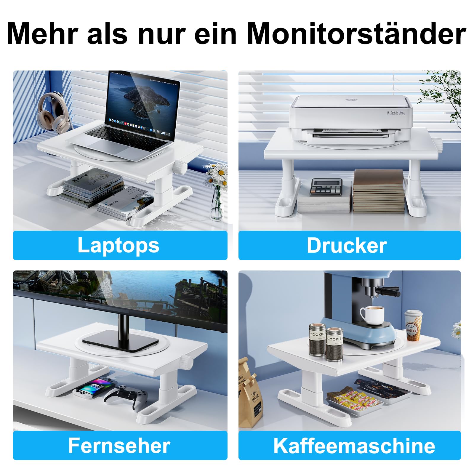Monitorständer,360° Drehbar HöHenverstellbar Monitor Erhöhung Schreibtisch Erhöhung Monitor Stand Riser,Ergonomisch Desktop Bildschirmerhöhung Ständer für Computer,Laptops,PC,TV (Weiß)