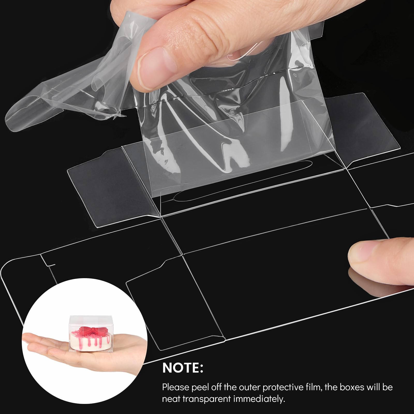Jutieuo 100 Stück einzelne transparente Oreos Keksboxen mit Schokoladenüberzug, 5.5x5.5x3.5 cm, einzelne Macaron-Boxen mit Bändern, Süßigkeiten, Mondkuchen-Verpackung