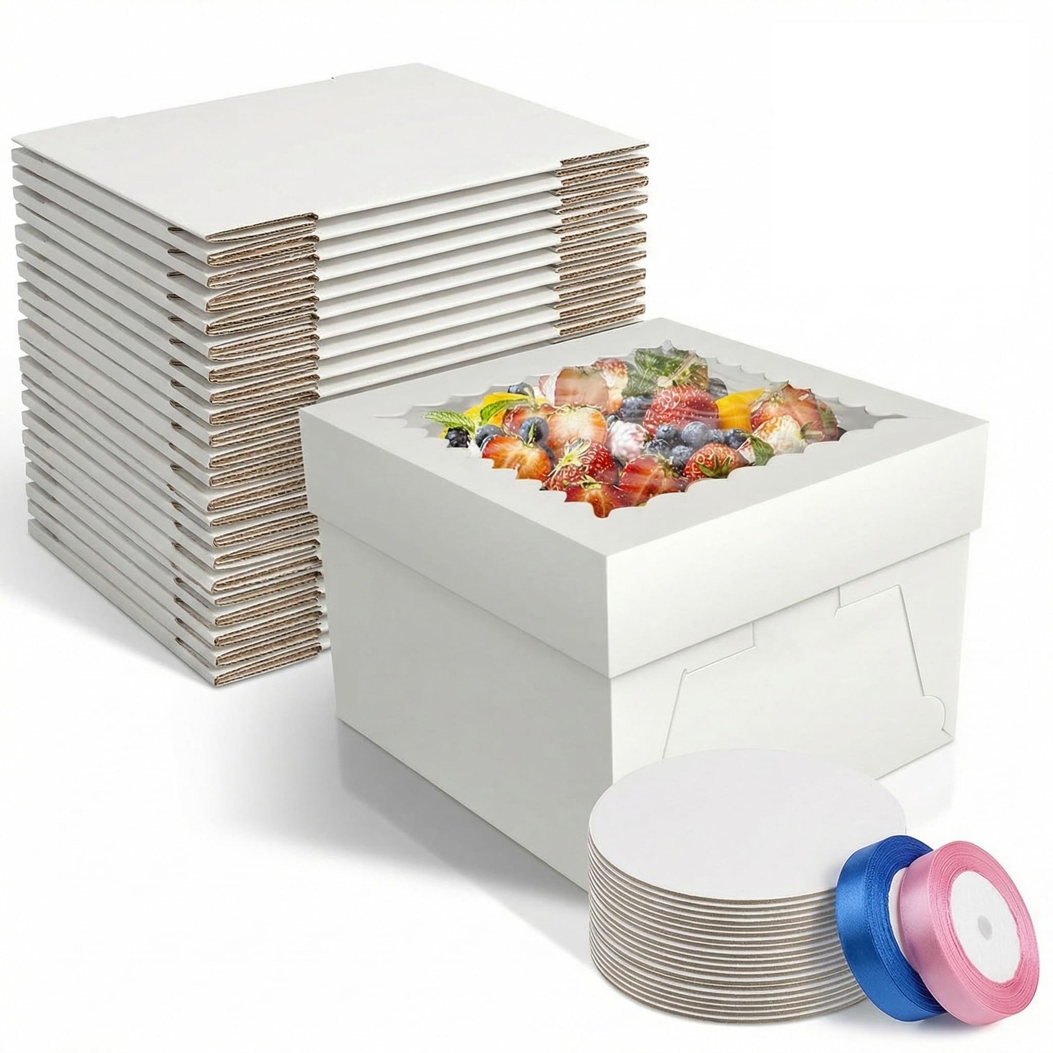 BOPLYBAY Extra Deep White Cake Boxes with Window and Cake Boards, Premium Sturdy Bakery Boxes for Tall Cakes, Tiered Cakes and Desserts (15, 10 * 10 * 8 inch)