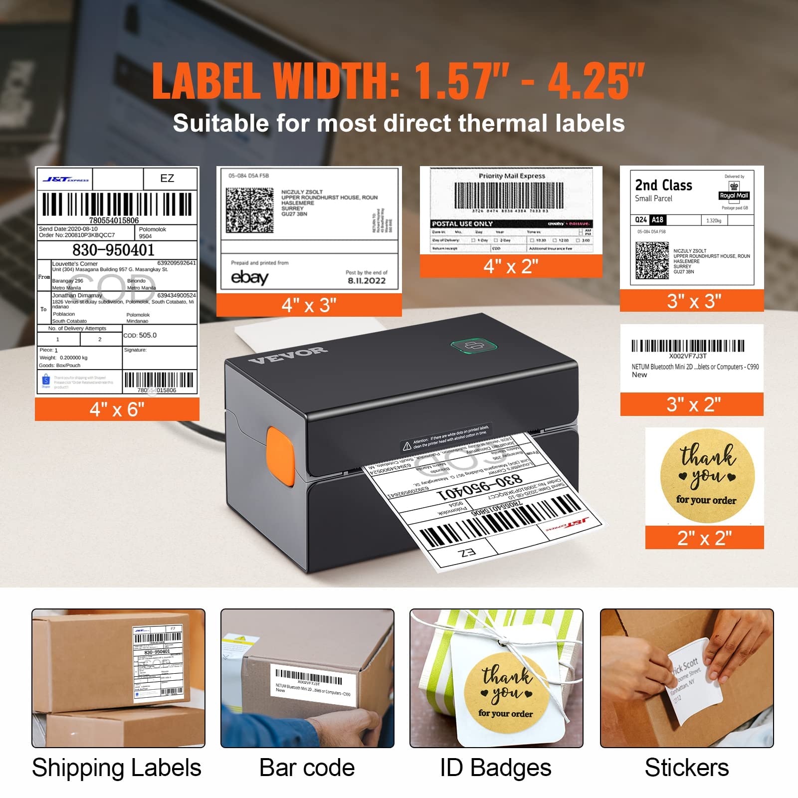 VEVOR Drukarka termiczna Bluetooth, drukarka etykiet Edesive 4x6, etykieciarka termiczna kompatybilna z Windows/MAC OS/Linux/Chromebook, obsługuje DHL, USPS, FedEx, Shopify, Ebay, Amazon itp.