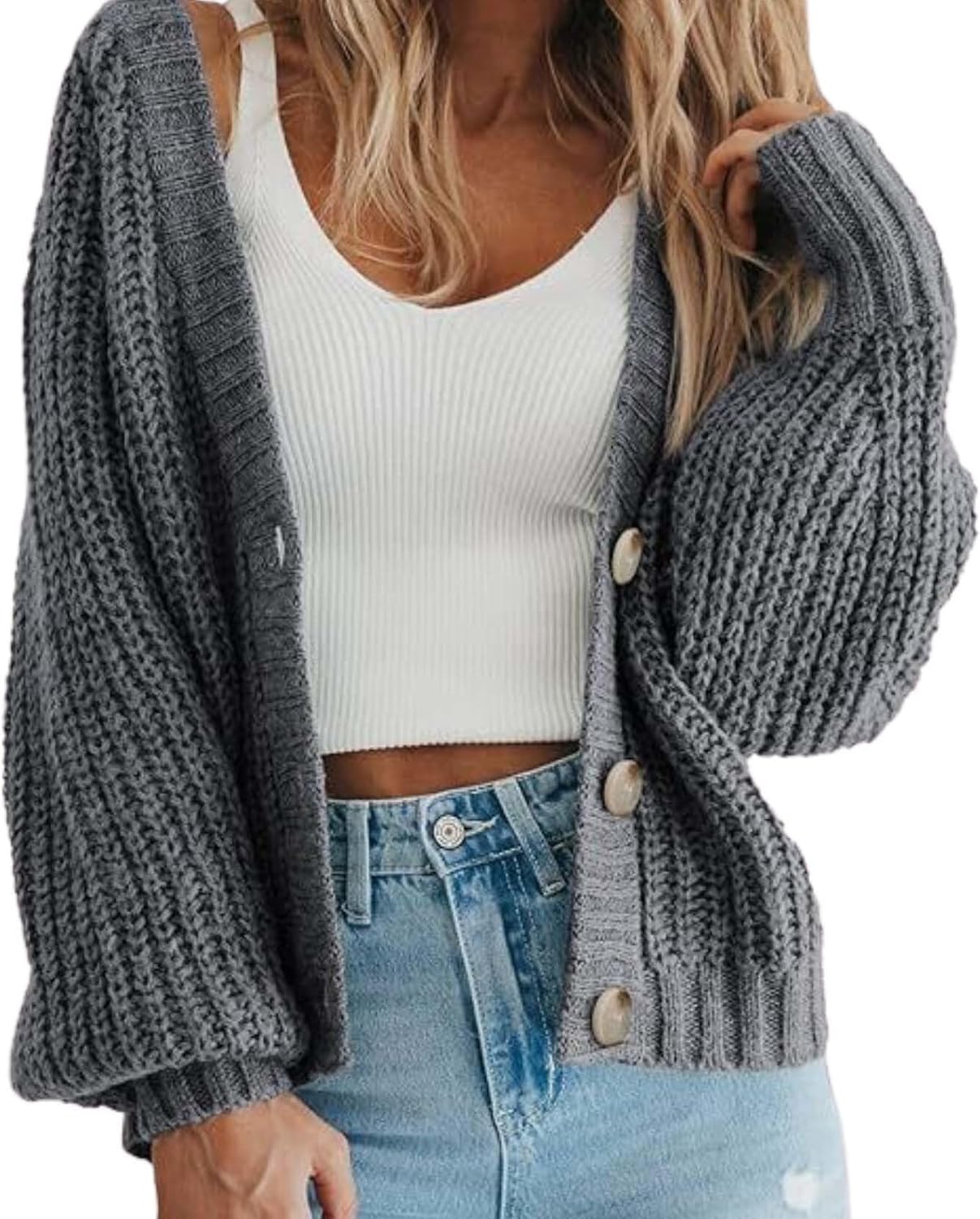 Ultimate Womens Thick Knit Cardigan Sweater Cozy Long Sleeve Button Loose Short Warm Cardigan Sweater